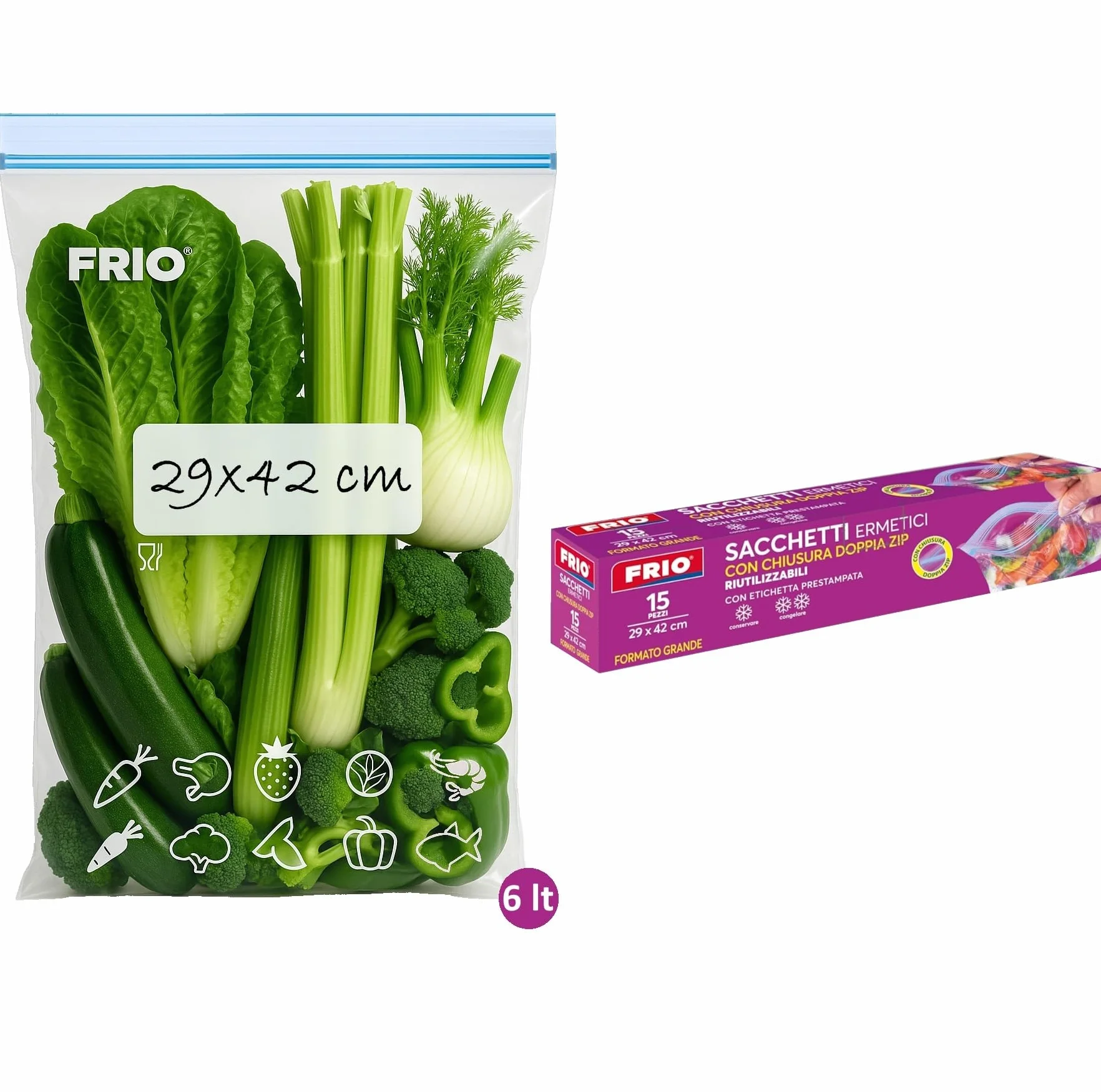 FRIO Bolsas grandes para congelar 6L Talla L 29x42 cm reutilizables cierre hermético sin BPA