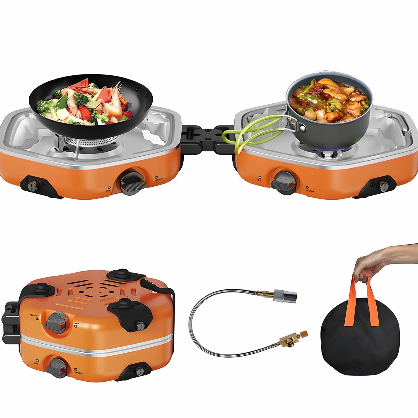Estufa de gas para camping, 17000 BTU plegable para exteriores con 2 quemadores ajustables e encendido piezoeléctrico, ideal para barbacoa, senderismo, fogatas, cocina de emergencia