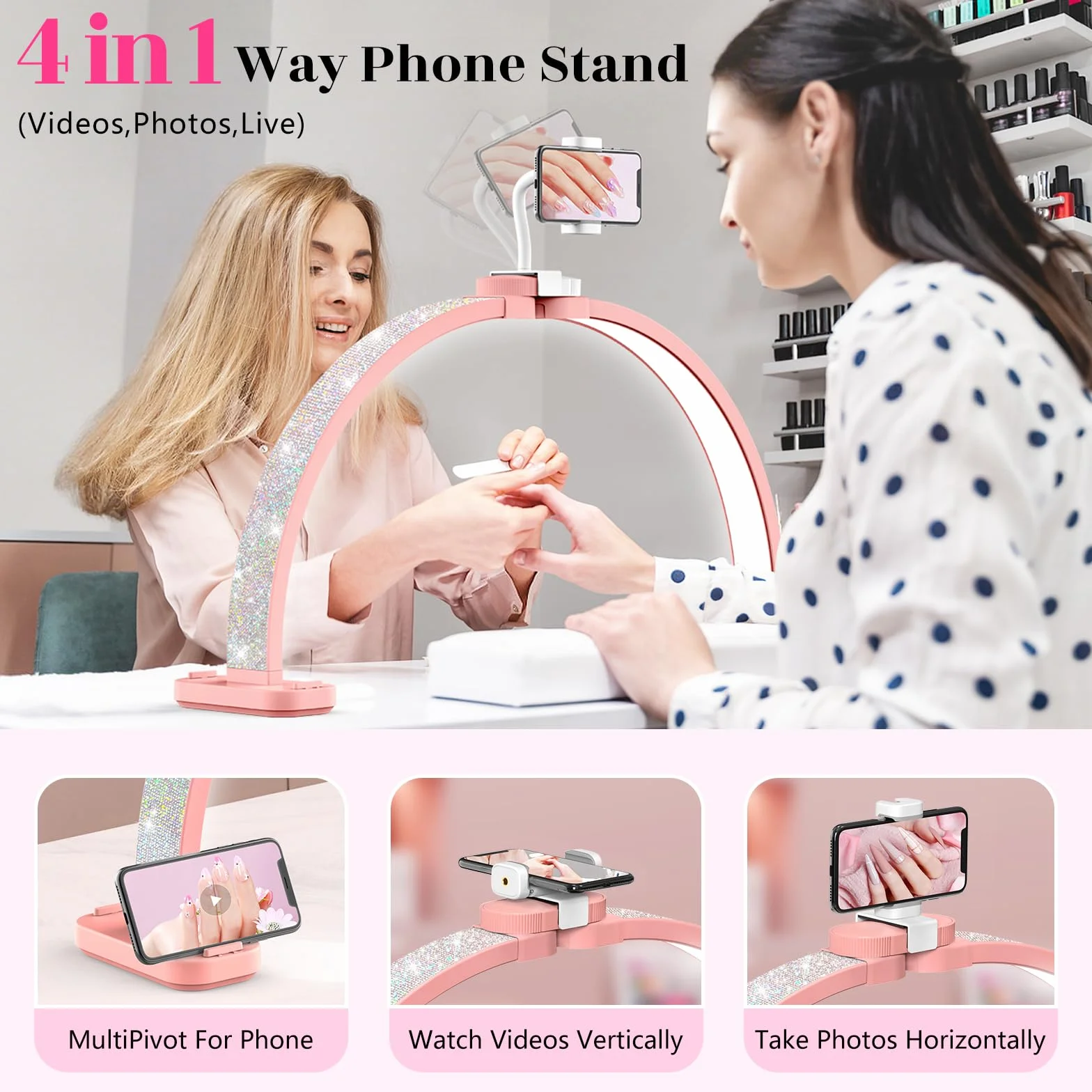 Media Luna Lámpara para Uñas 30" con Soporte 3 Modos Color 10 Niveles Brillo Ajustable Manicura Diamante Rosa