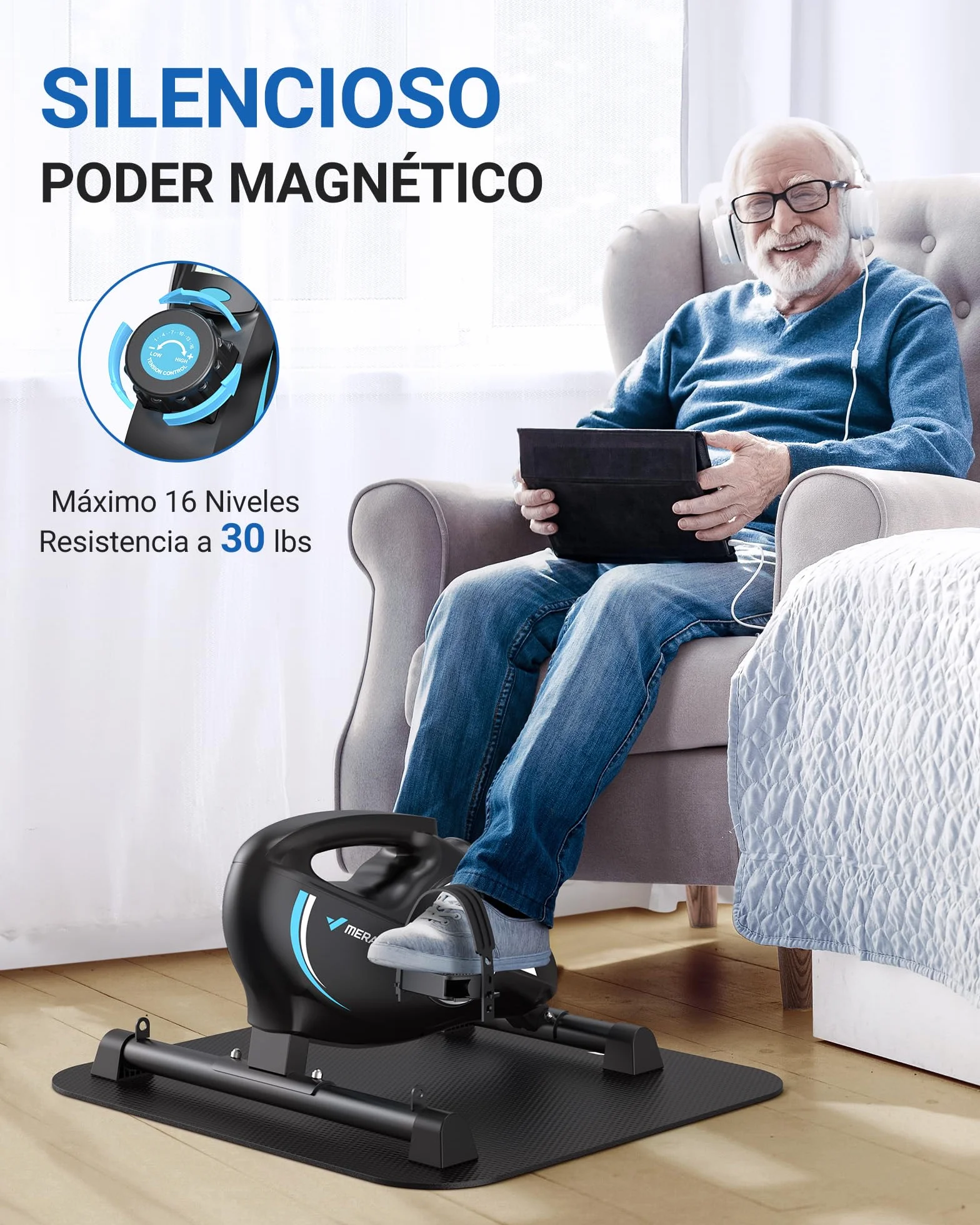 MERACH Pedaleador, Mini Bicicleta Estática con 2 Bandas de Resistencia, Pedales Estaticos Personas Mayores con Tapete Antideslizante, Dispositivo de Ejercicios para el Hogar y la Oficina