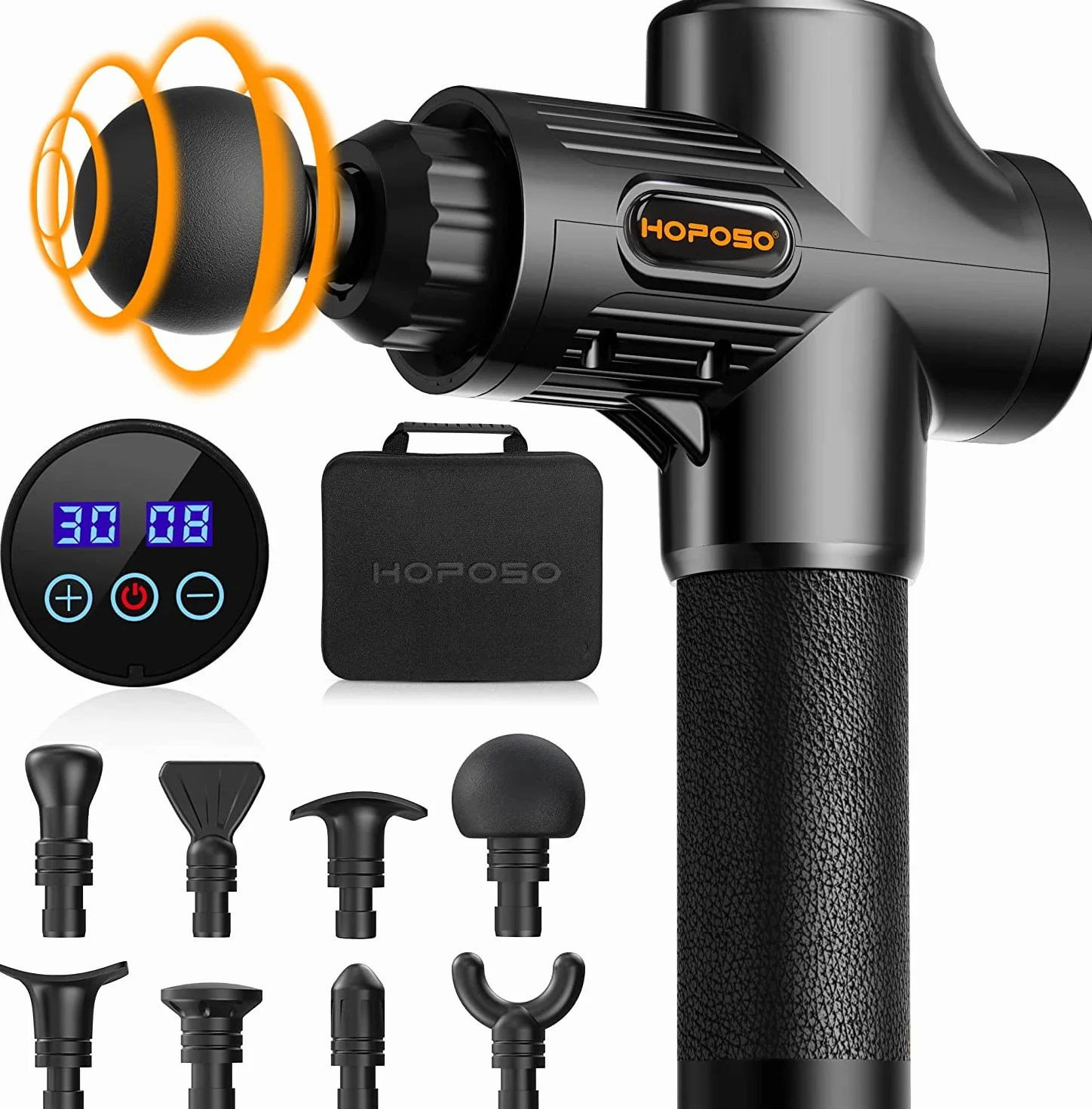 Pistola de Masaje Muscular Eléctrica 30 Velocidades 8 Cabezales Pantalla LCD Táctil Negro