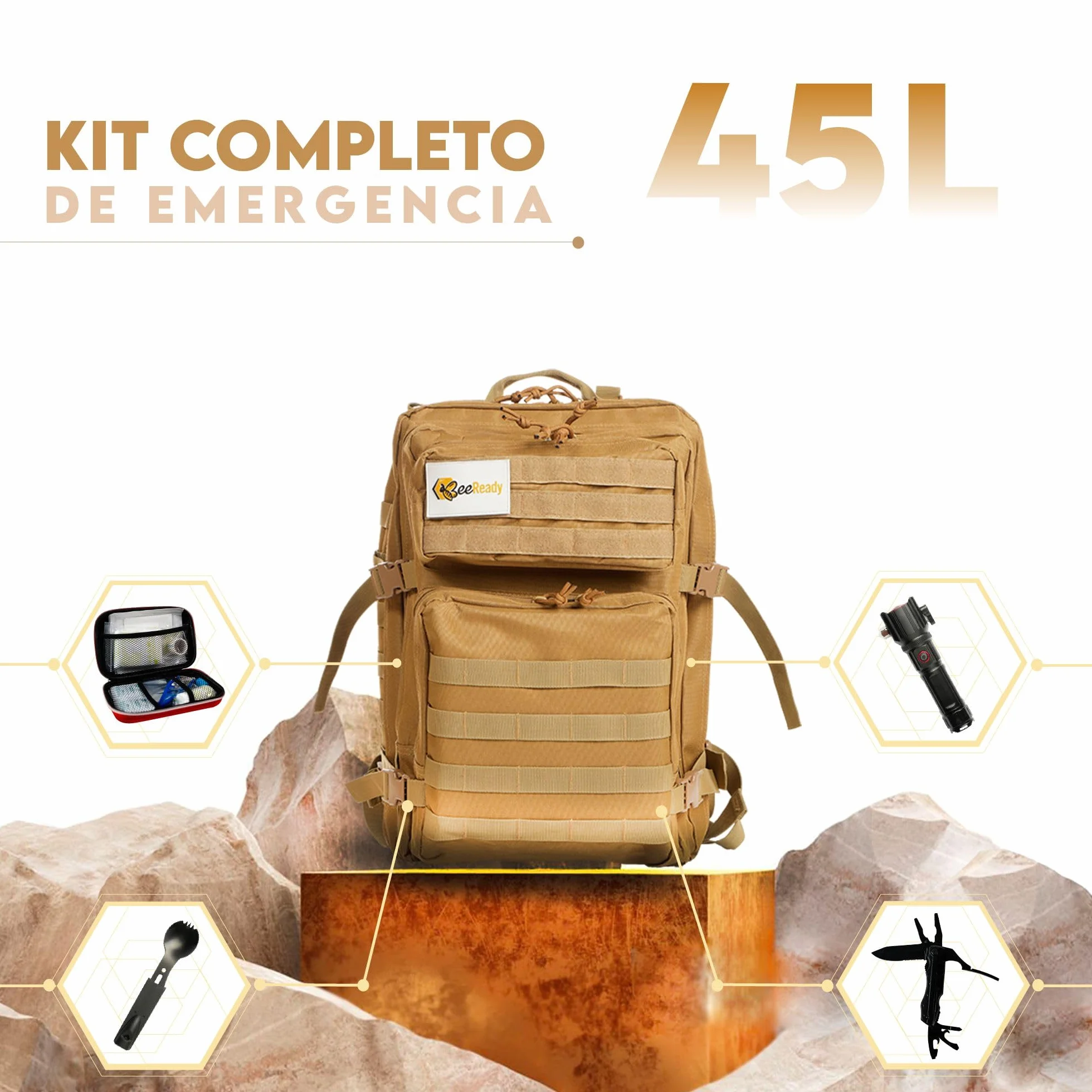 Kit Supervivencia Emergencia Completo – Mochila militar 45L, Linterna LED táctica, Botiquín de primeros auxilios, Cuchillo multiherramienta, Manta térmica– 25 piezas, 3 colores (Marrón)