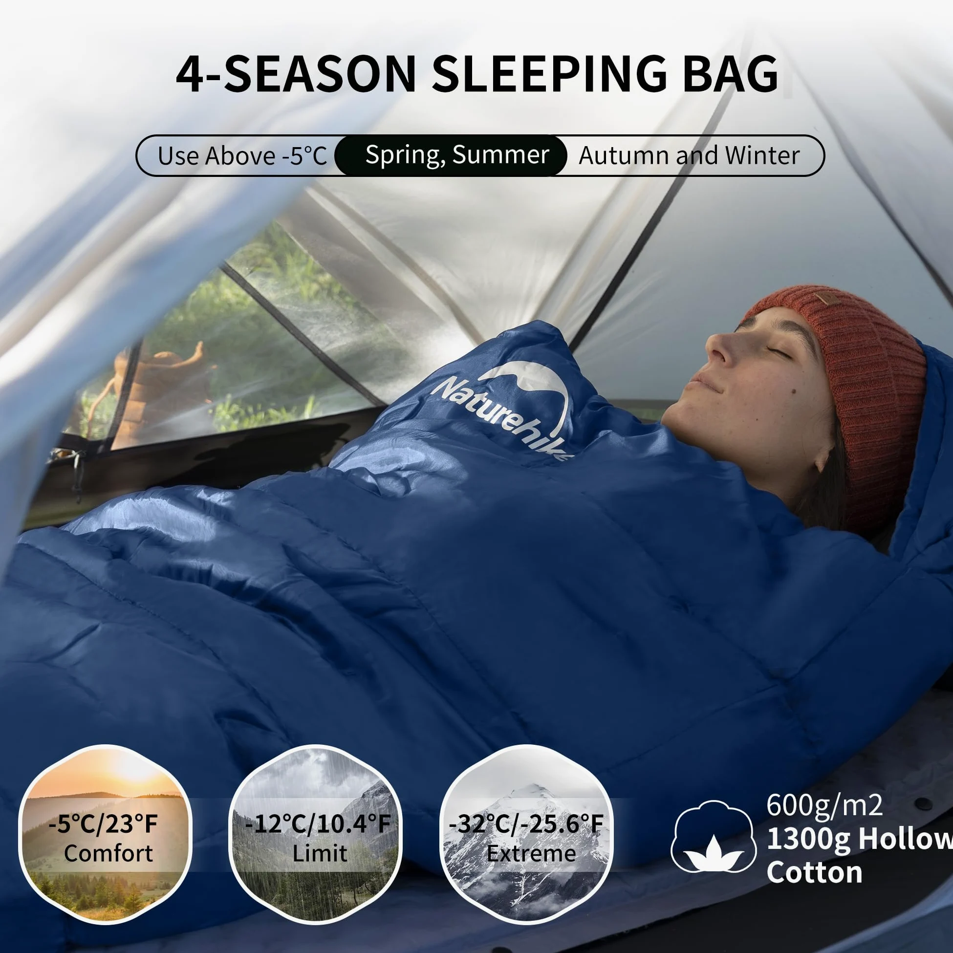 Naturehike Saco de dormir para clima frío, saco de dormir de 0 grados para clima frío, saco de dormir de algodón de invierno para adultos para senderismo y camping, MJ600 azul
