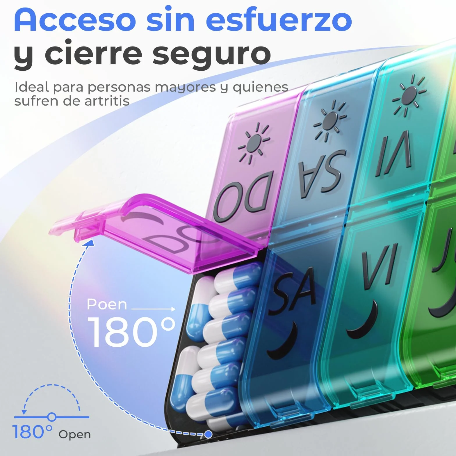 COLORWING Pastillero Semanal 2 Tomas Español, 14 Compartimentos XL, Organizador de Pastillas y Medicamentos