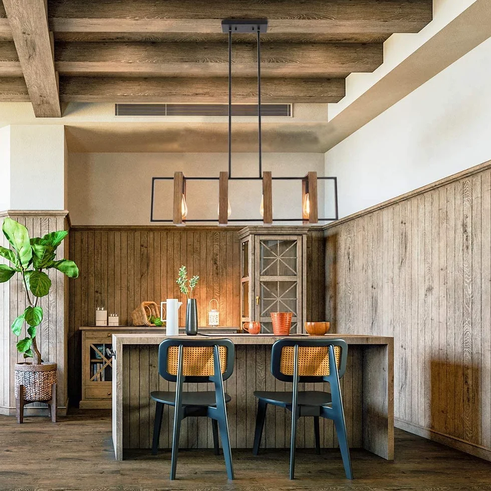 Iluminación de isla de cocina 4 lámparas colgantes modernas negras acabado madera y metal mate
