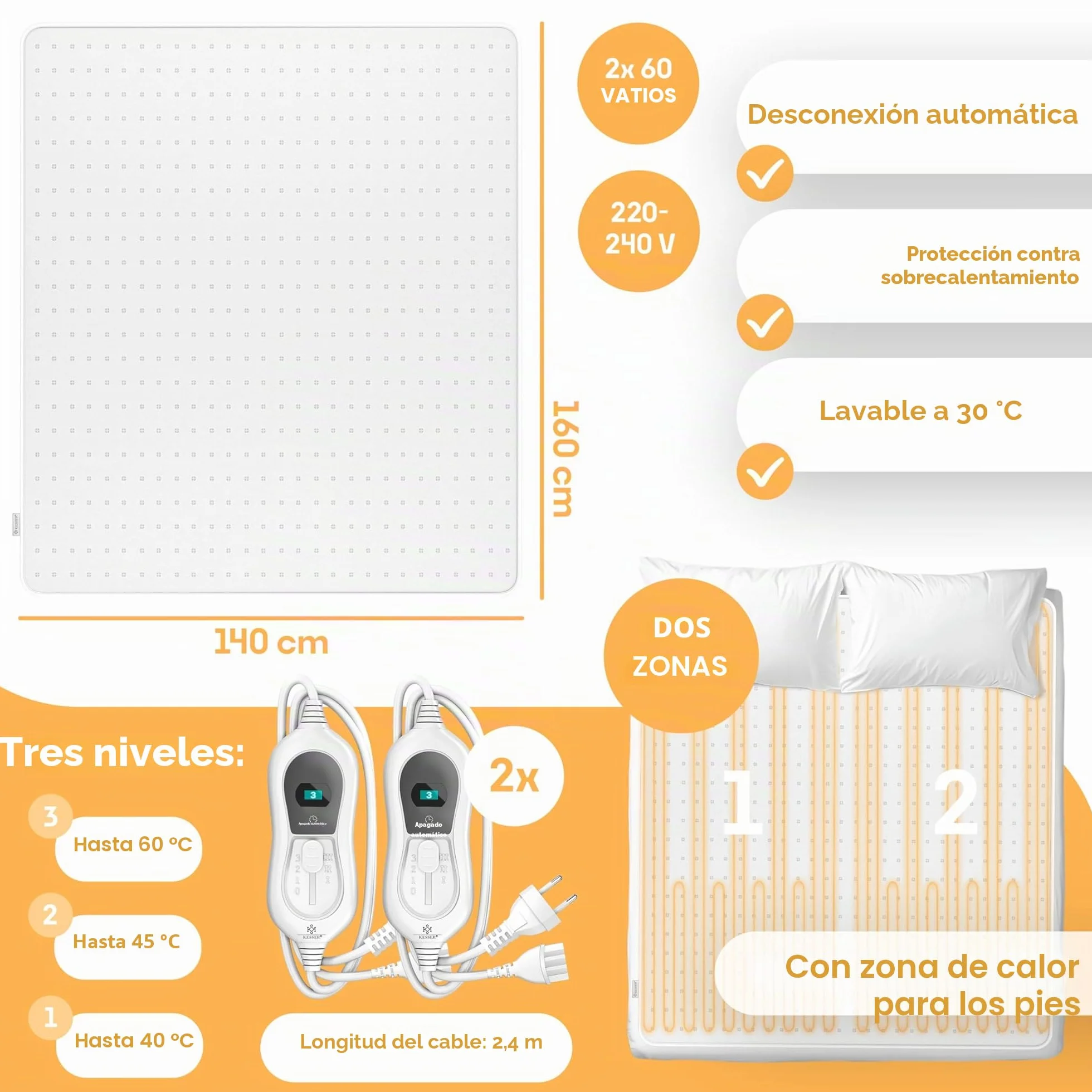 KESSER® Manta térmica doble para debajo de la cama de 160 x 140 cm con apagado automático, 2 zonas de temperatura, control remoto, manta eléctrica con 3 niveles de temperatura, base térmica para cama