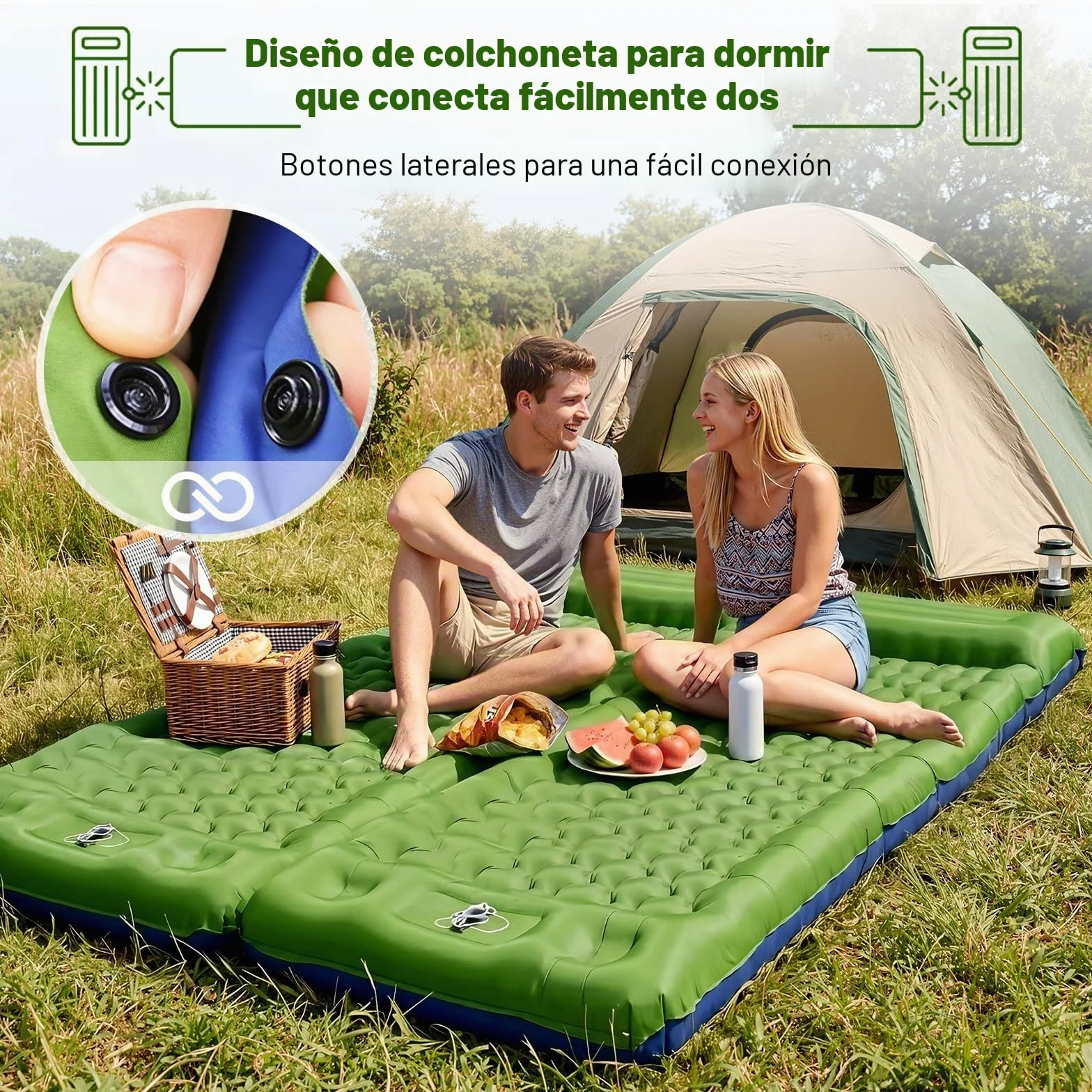 JATEKA Colchoneta Autoinflable XL para Camping, Individual con Correas, Verde y Azul, Colchón Ligero para Senderismo