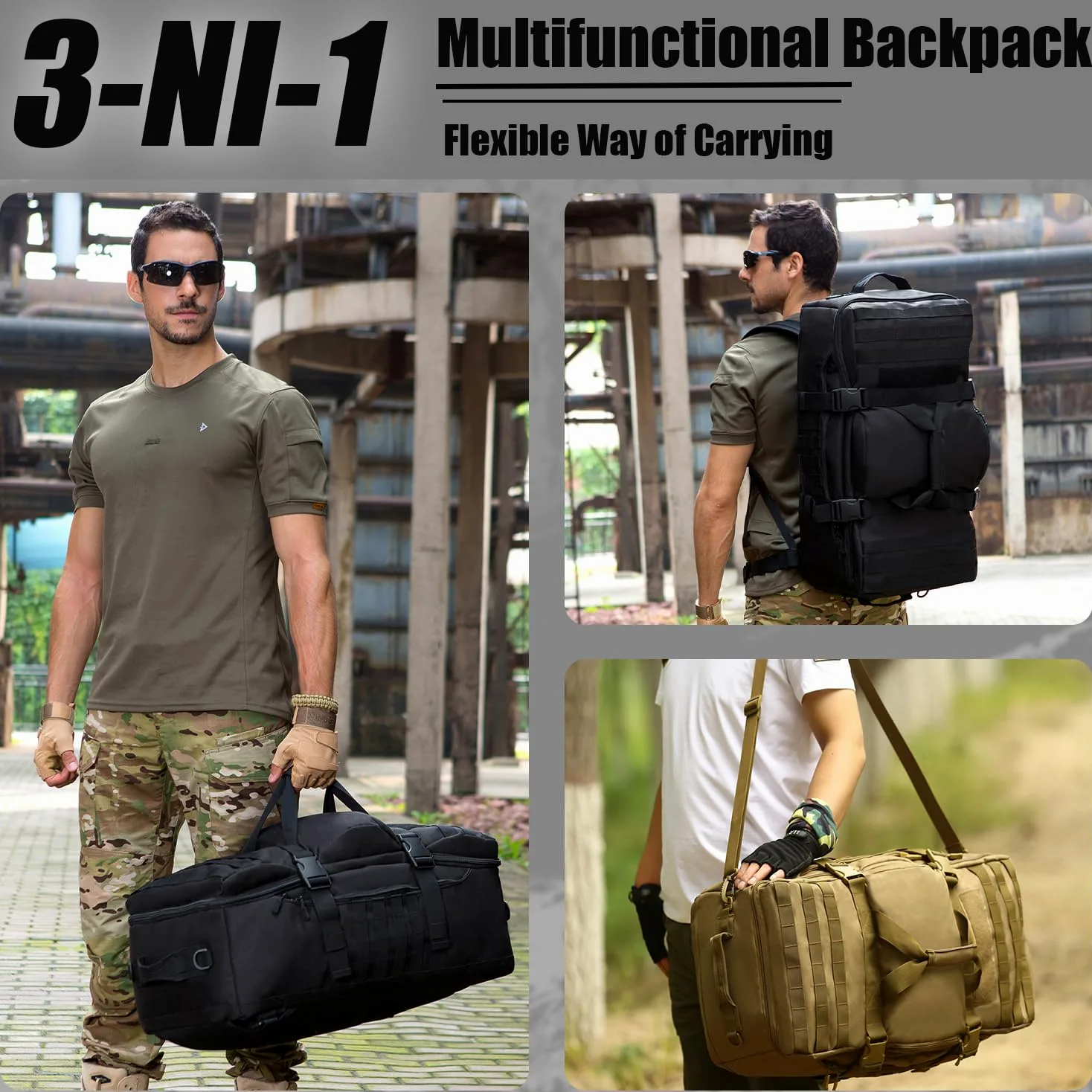 mochila táctica de viaje 60 L militar Molle bolsa de equipaje Maleta senderismo camping al aire libre mochila (cubierta y parche incluidos), negro