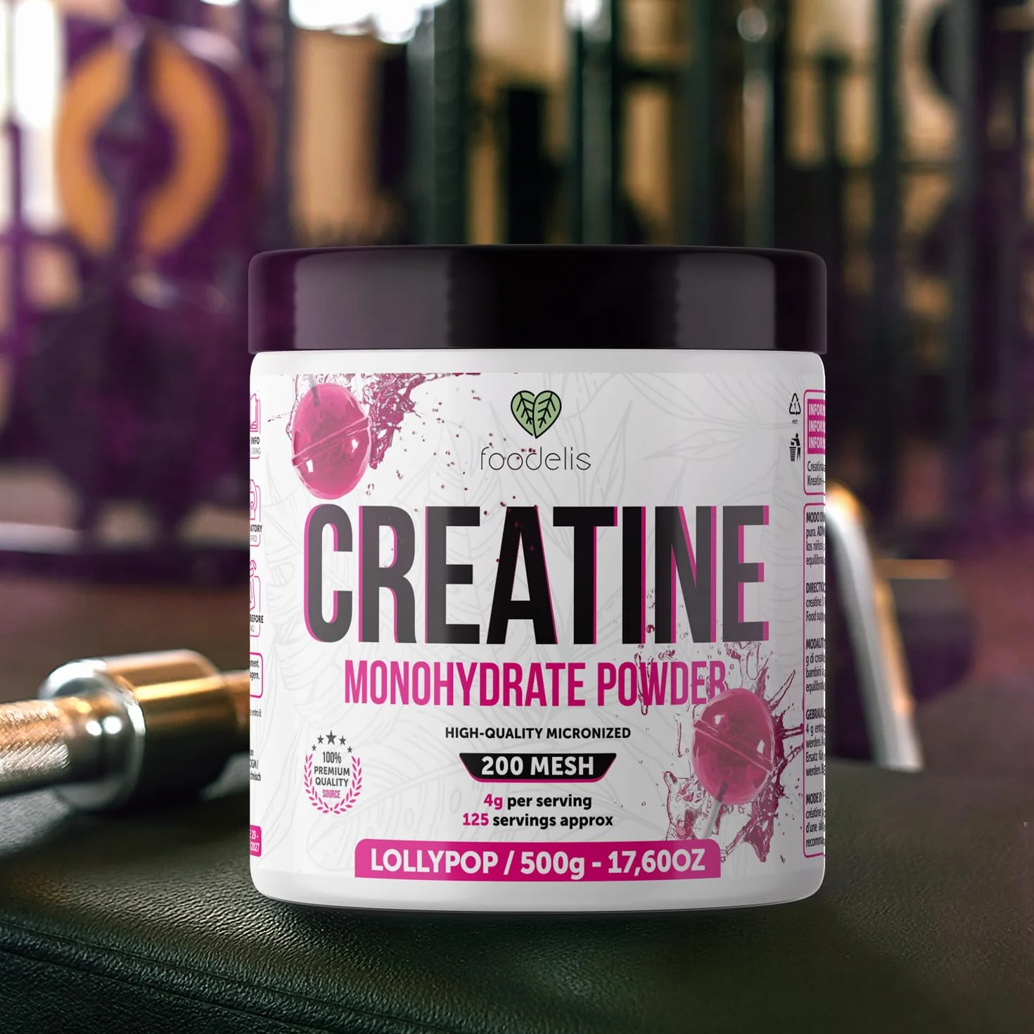 Foodelis Creatina Monohidratada en Polvo 500 g – Sabor Lollipop – Creatina Micronizada – Alta Pureza – Vegana