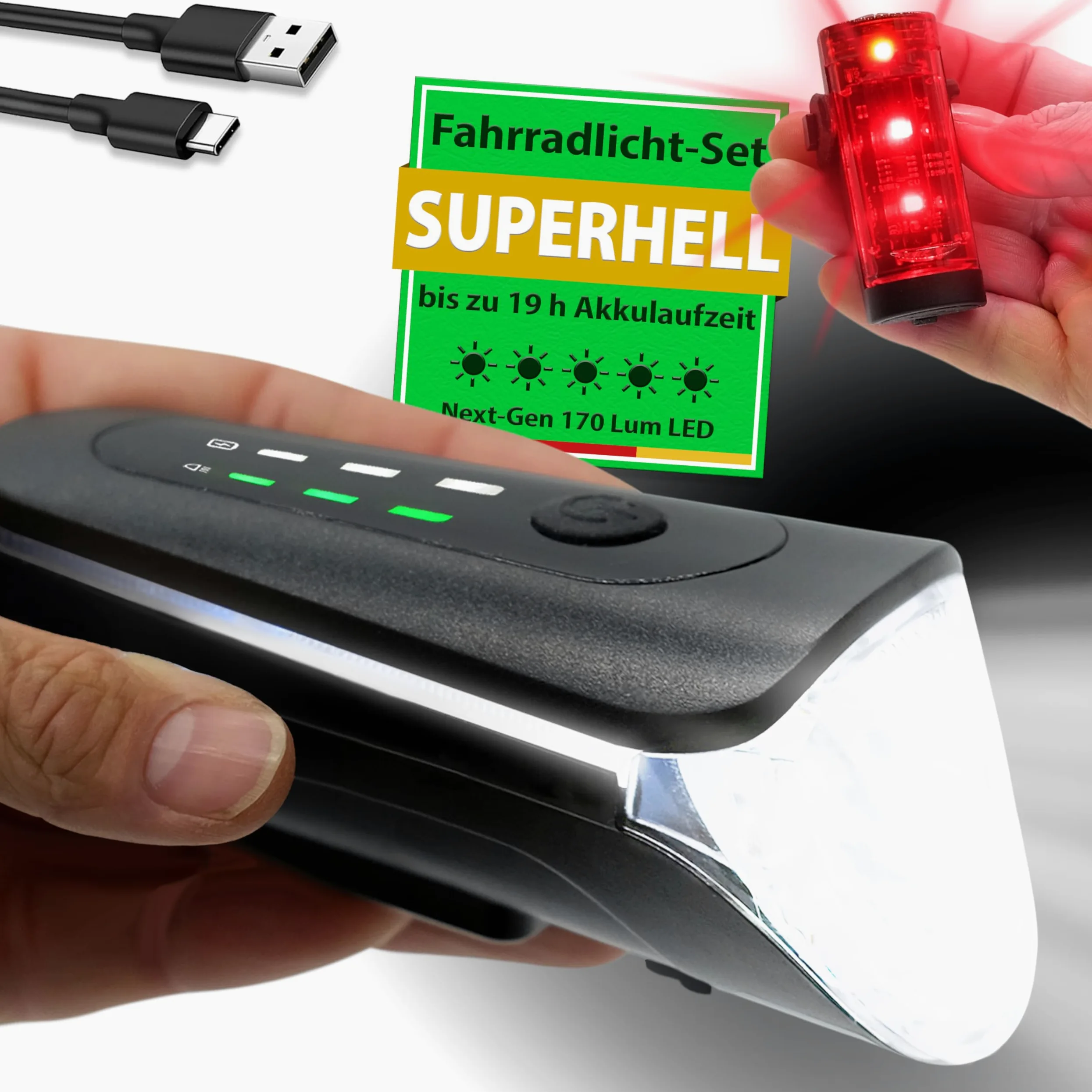 WIDDER Juego de luces delanteras y traseras para bicicleta (homologadas por StVZO, extremadamente brillantes, 170 lúmenes), recargable por USB C, luz de bicicleta con modo automático, juego de luces