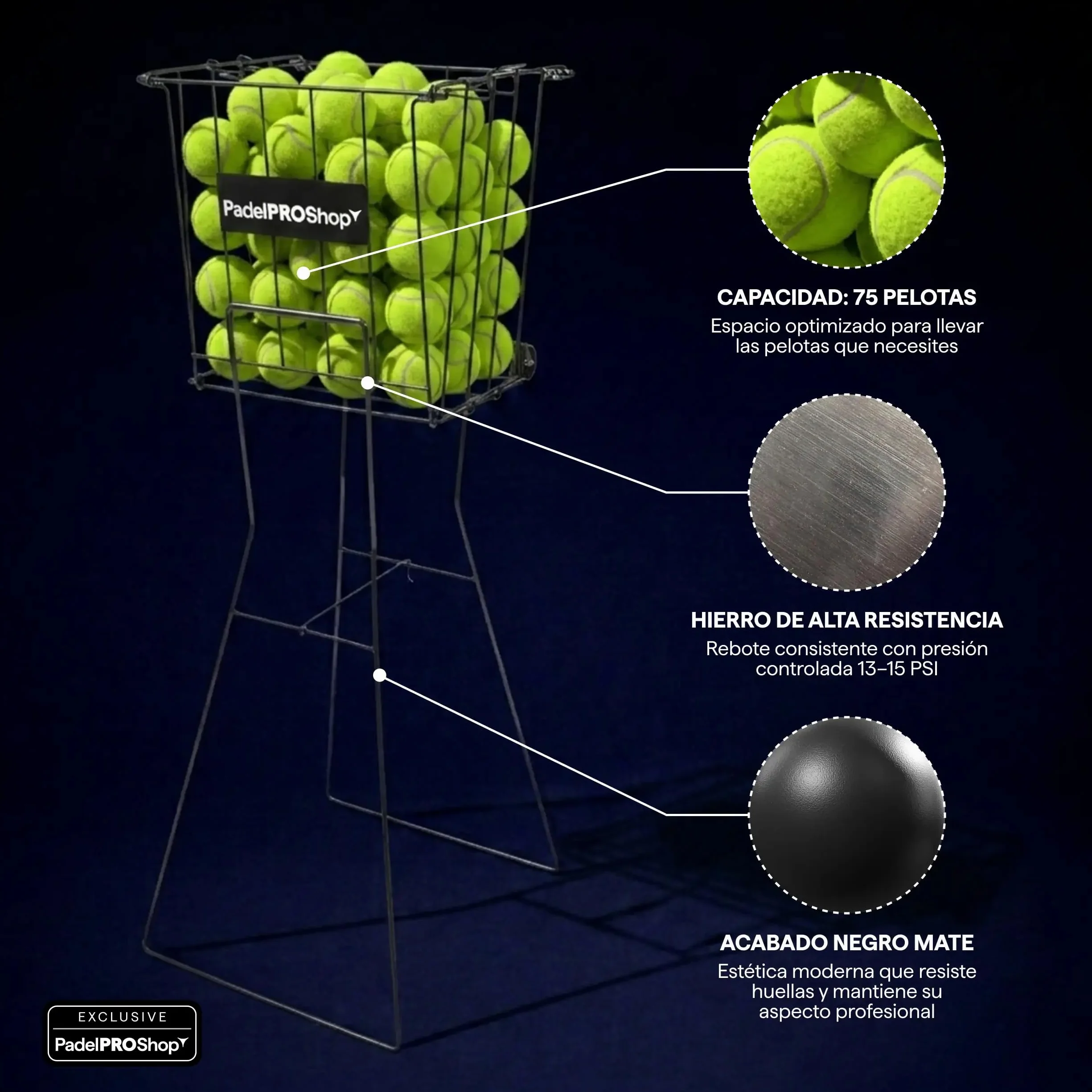 Padel Pro Shop Cesto de Bolas de Pádel 2026 - Carro Metálico de Alta Resistencia, Capacidad 70-80 Bolas, Estructura Robusta Negro Mate para Entrenamiento Profesional