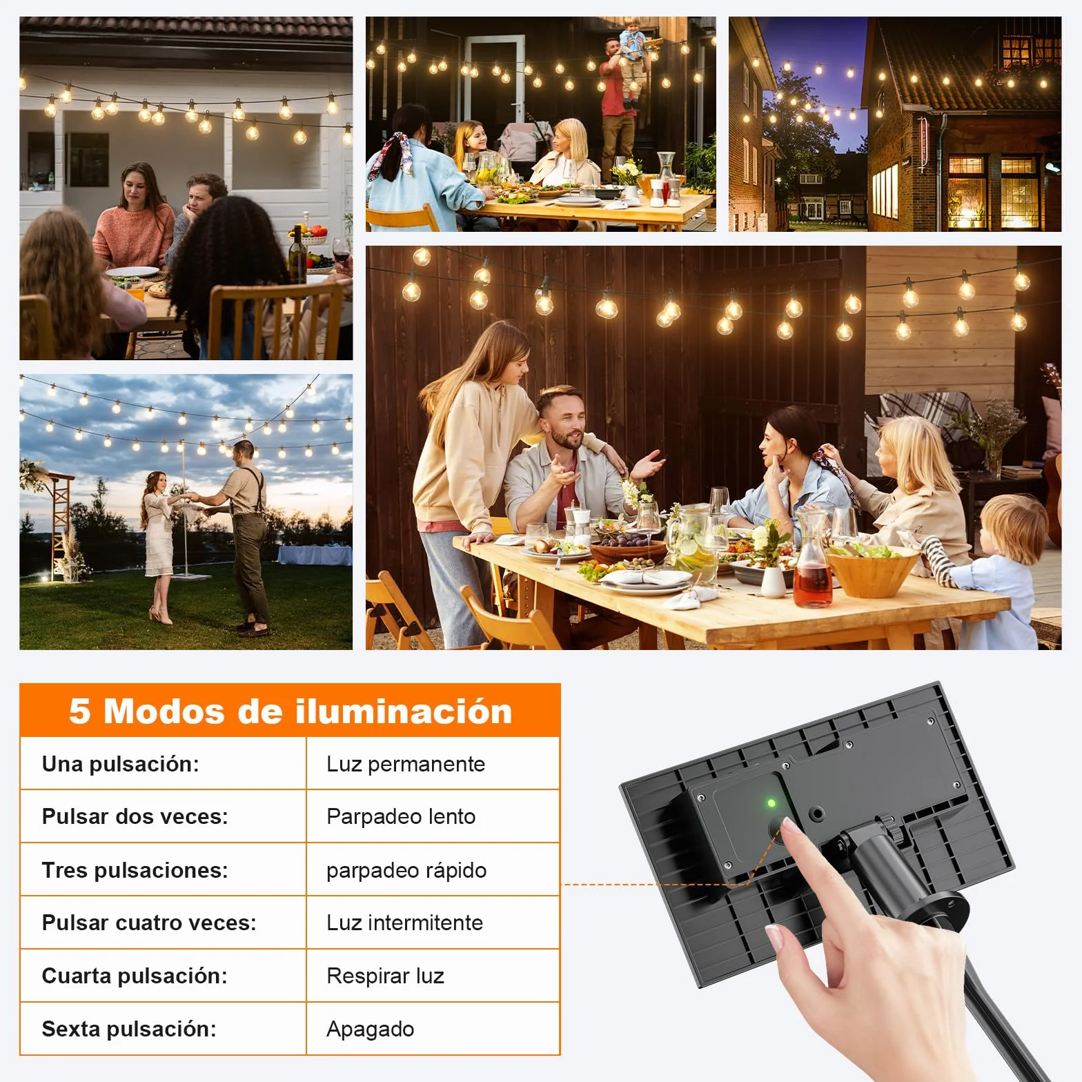 Kawaya Guirnaldas Luces Exterior Solar 10M Cadena LED USB Recargable 15+1 Bombillas G40 Blanca Cálida