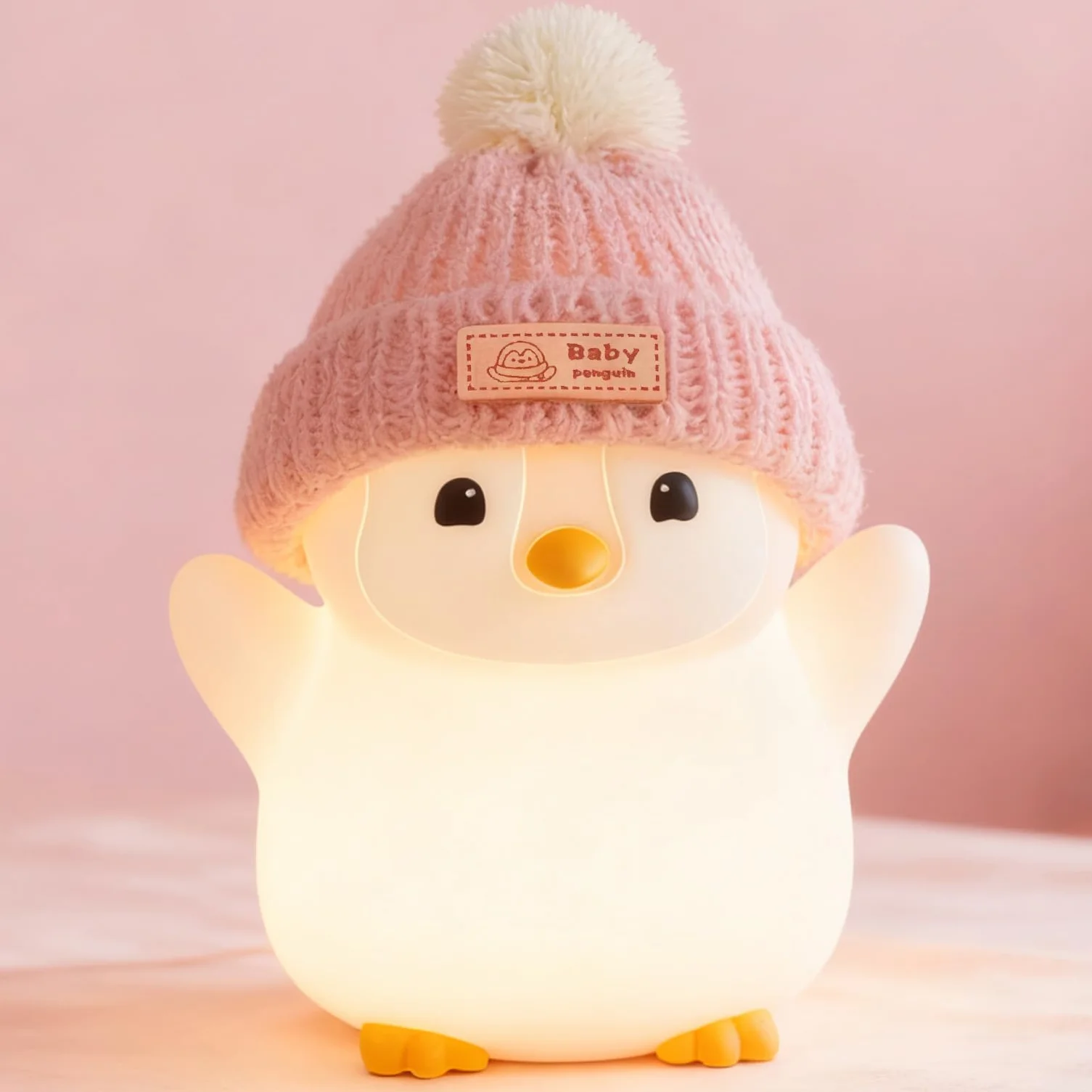 FAMIDUO Luz Nocturna Bebe Pingüino de Silicona con Control Táctil LED Recargable Temporizador 20 Minutos