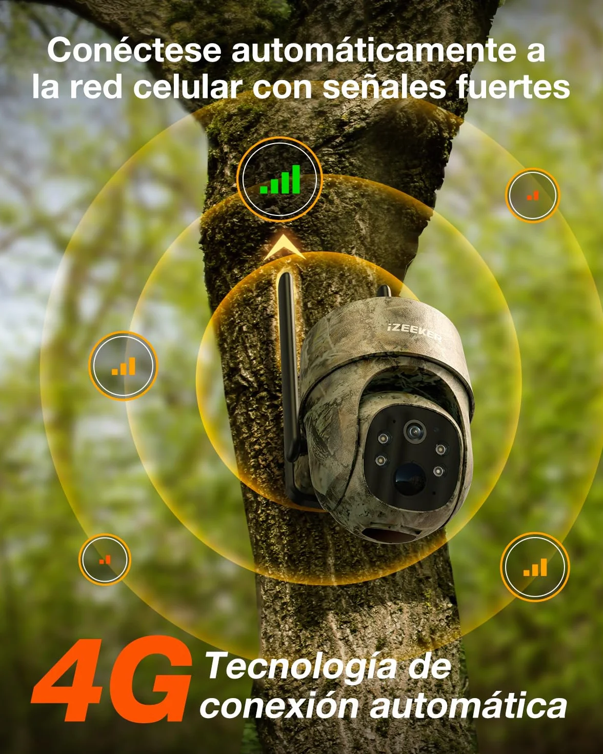 iZEEKER 4G LTE Cámara de Caza Solar, Cámara de Fototrampeo 2K PTZ con Tarjeta SD & SIM Vista Completa de 360° Transmisión en Vivo IR Sin Brillo Visión Nocturna Detección de Movimiento IP65 Impermeable