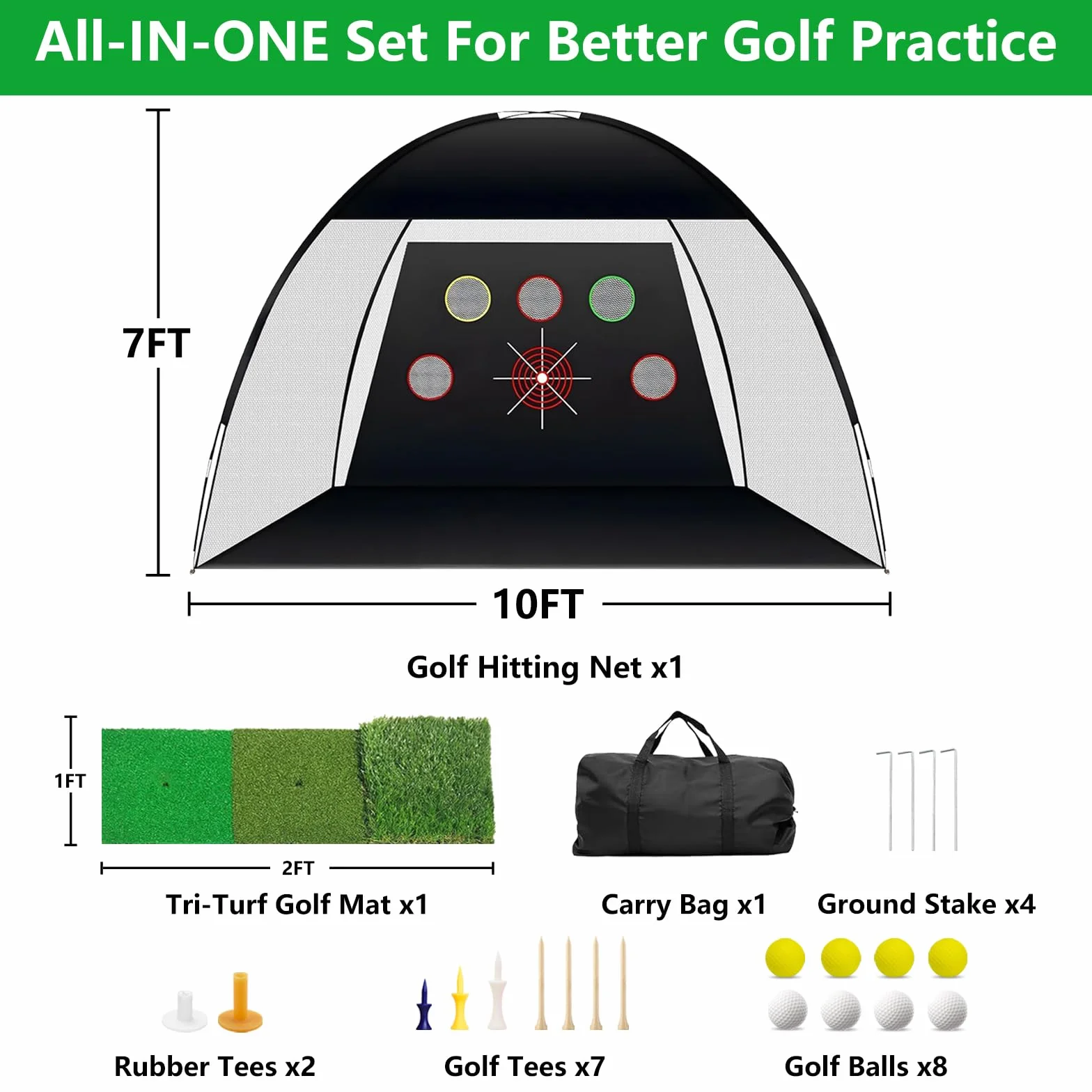 TTCB Sports Red de práctica de golf al aire libre, red de golpeo de golf de 10 x 7 pies para interiores con alfombrilla y corrector de swing para conducir en el patio trasero, astillado, accesorios de