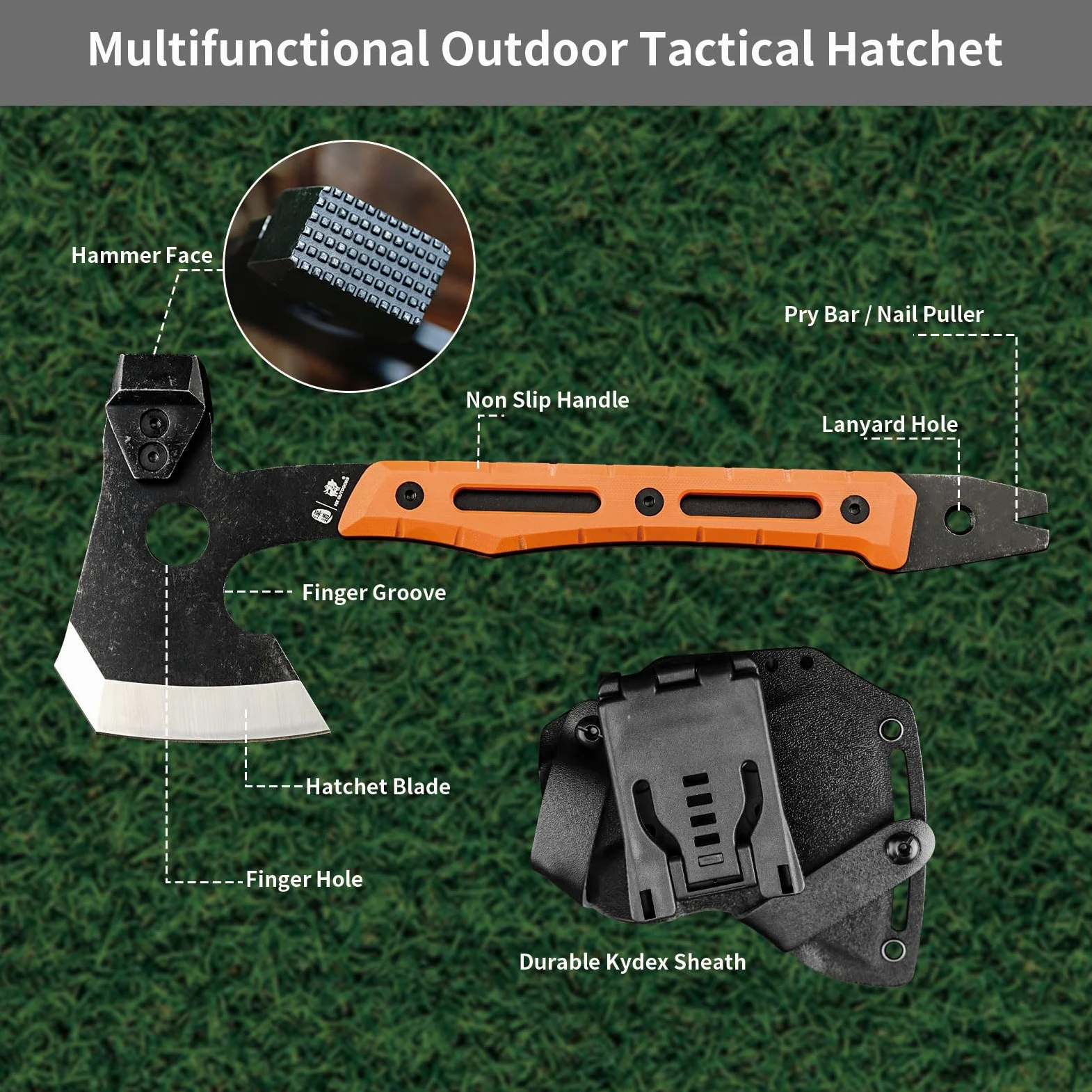 HX OUTDOORS Hacha de Partido Multifuncional, Hacha Táctica de Supervivencia y Campismo de Tanga Completa，Hachas de Mano para Campismo y Bushcraft con Martillo y Sacacorchos (Naranja)