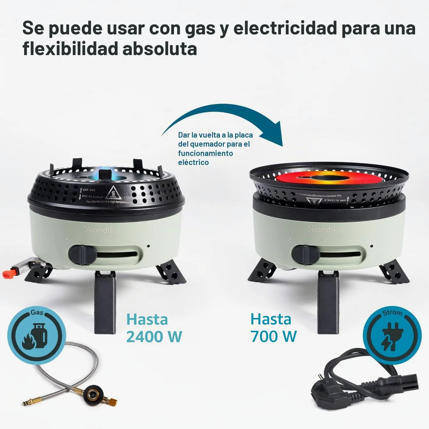 Skandika Hornillo de camping Rask | Hornillo híbrido para camping, 2 en 1, funciona con electricidad o gas, encendido piezoeléctrico, con utensilios de cocina (verde)