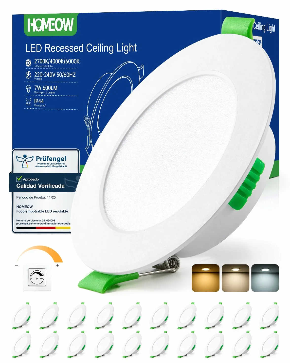 HOMEOW Downlight LED Techo Empotrable Regulable 7W 220V 3CCT IP44 Focos LED Interior Baño