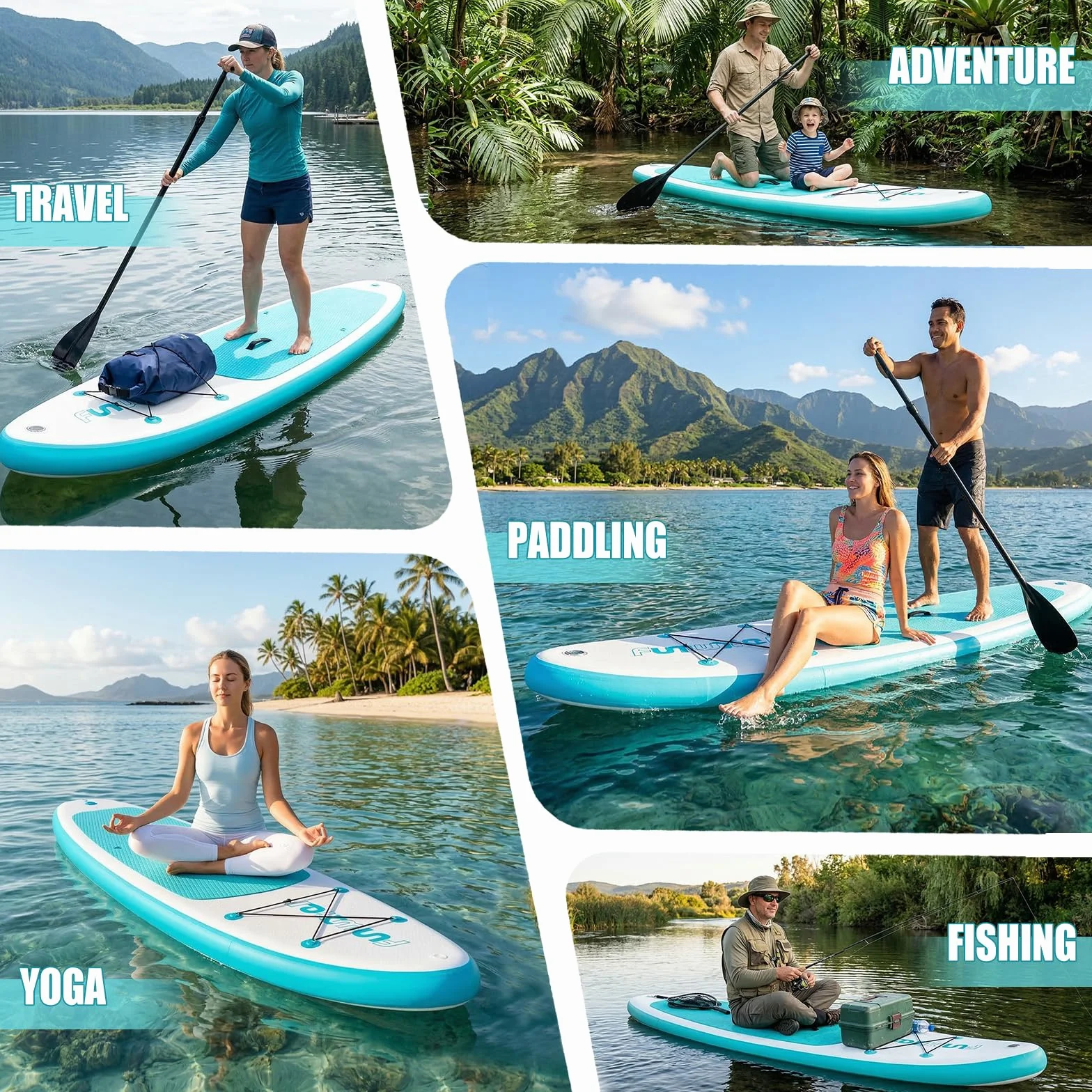 FunWater Tabla de remo inflable para adultos con pala, mochila, 3 aletas, bomba y correa adecuada para principiantes.