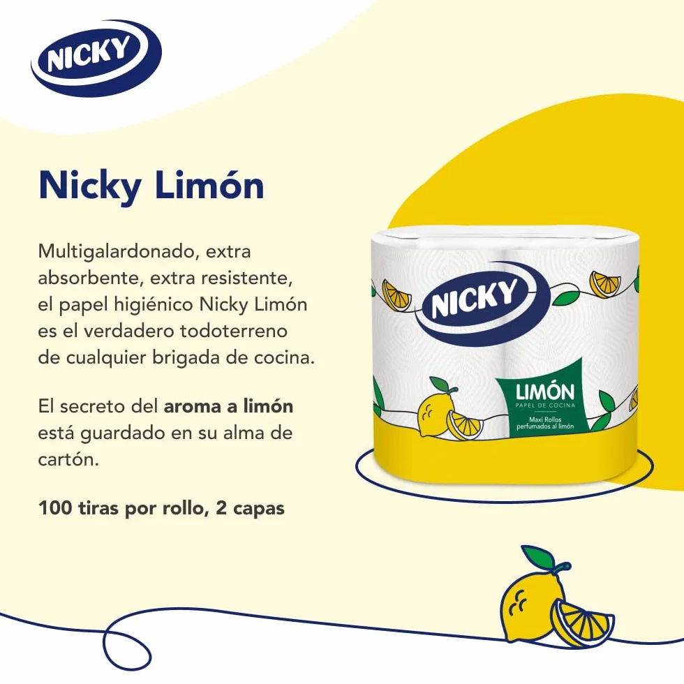 Nicky Limón Papel de Cocina 2 Rollos 2 Capas 100 Hojas Super Absorbente Perfumado Limón Fsc