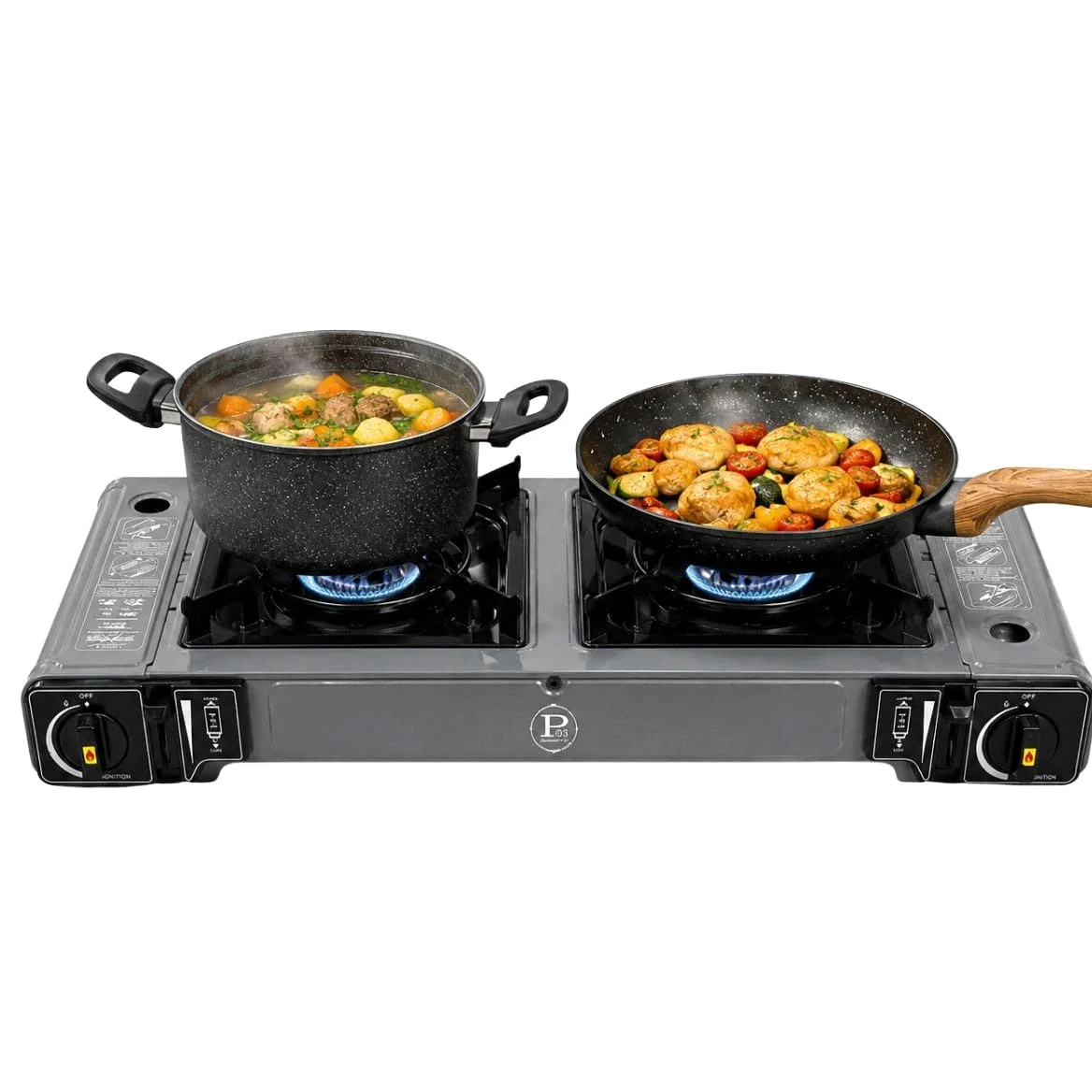 Intec – Hornillo de gas portátil 2 fuegos 3800 W encendido fácil Piezo seguro, cartucho de gas Butano, ideal estufa de camping, furgoneta y cocina exterior