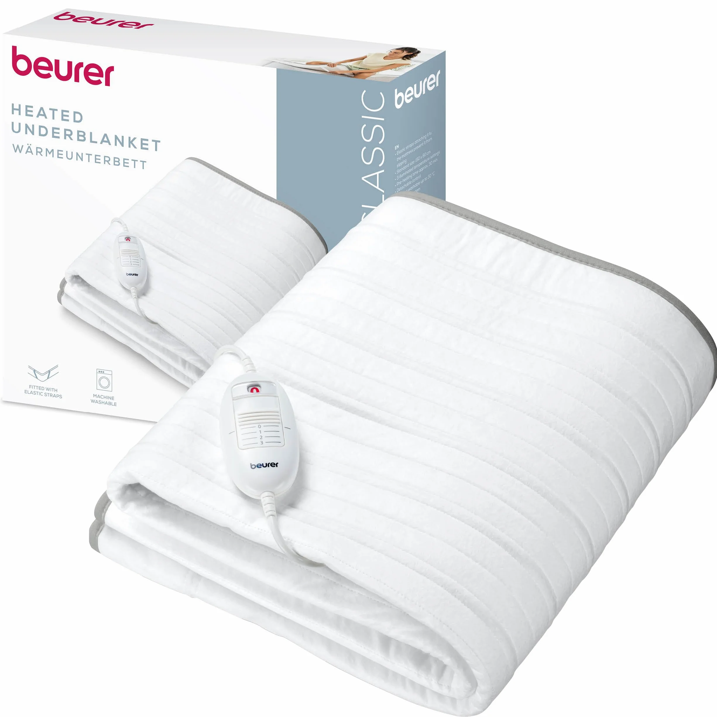 Beurer TS 17 Calientacamas eléctrico, Material no Tejido Suave, Antideslizante Gracias a la fijación con Cinta elástica, 3 Niveles de Temperatura, 150 x 80 cm, Sistema de Seguridad