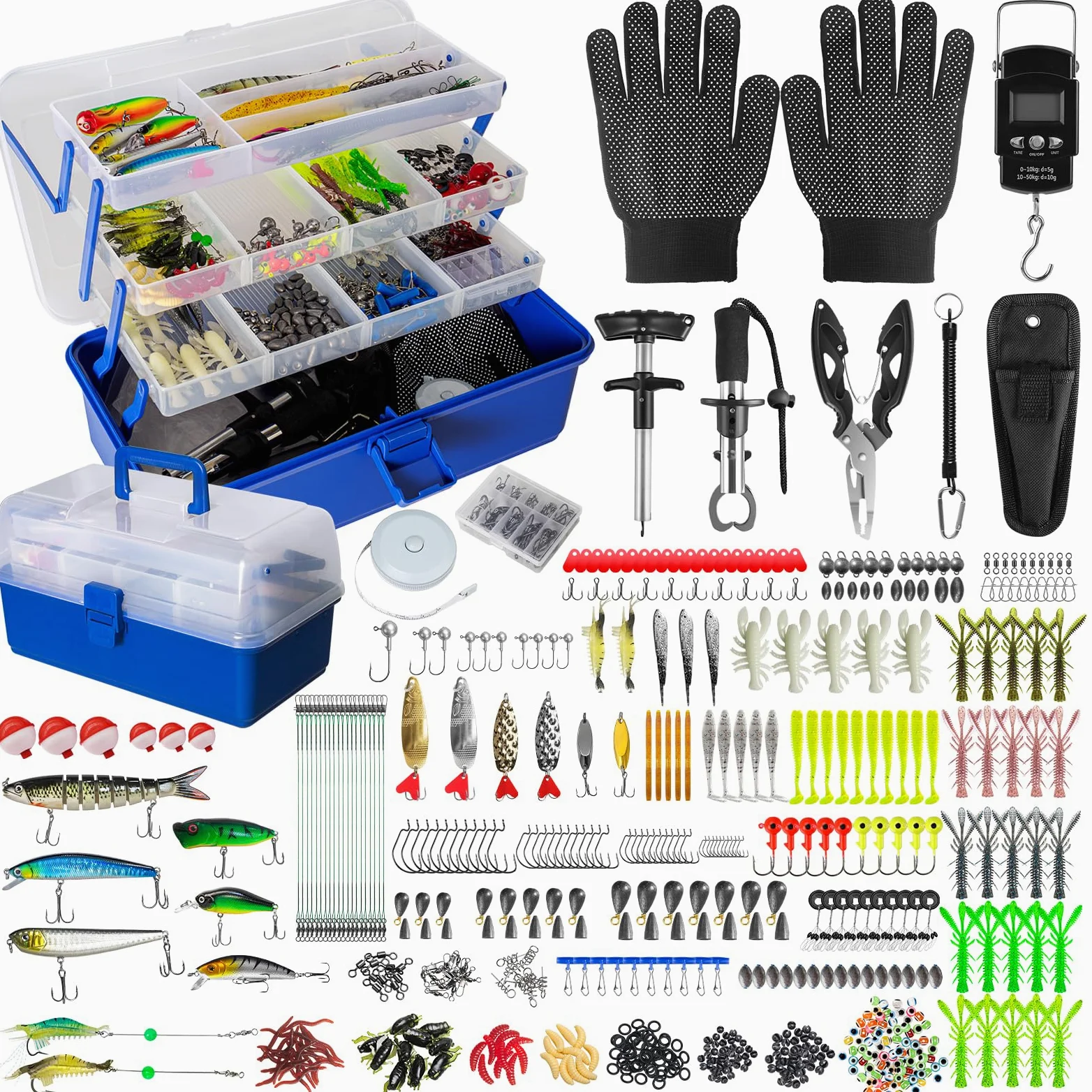 Caja de aparejos de 4 capas con accesorios, kit de 617 señuelos de pesca, incluye regla, guantes, herramientas, cebo, ganchos y accesorios, kit de señuelos de pesca de trucha de agua dulce y agua de