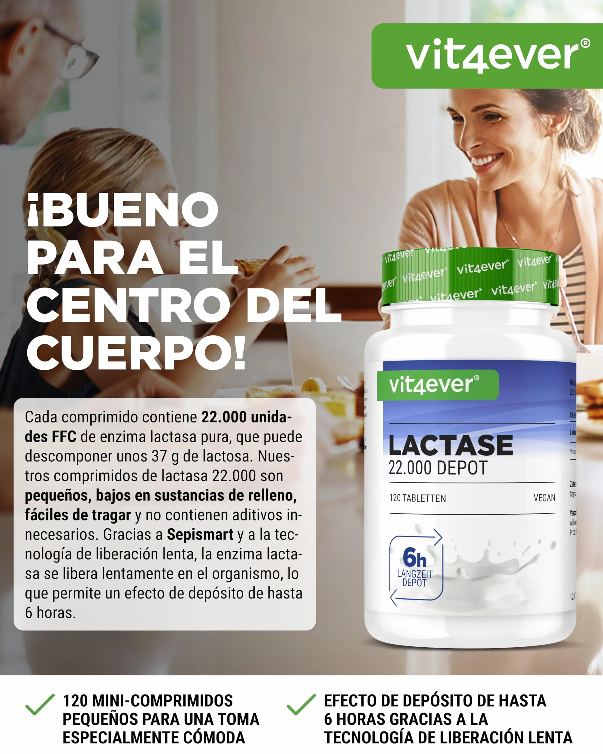 Sepismart Lactasa 22.000 Depot 120 comprimidos liberación lenta para intolerancia a la lactosa