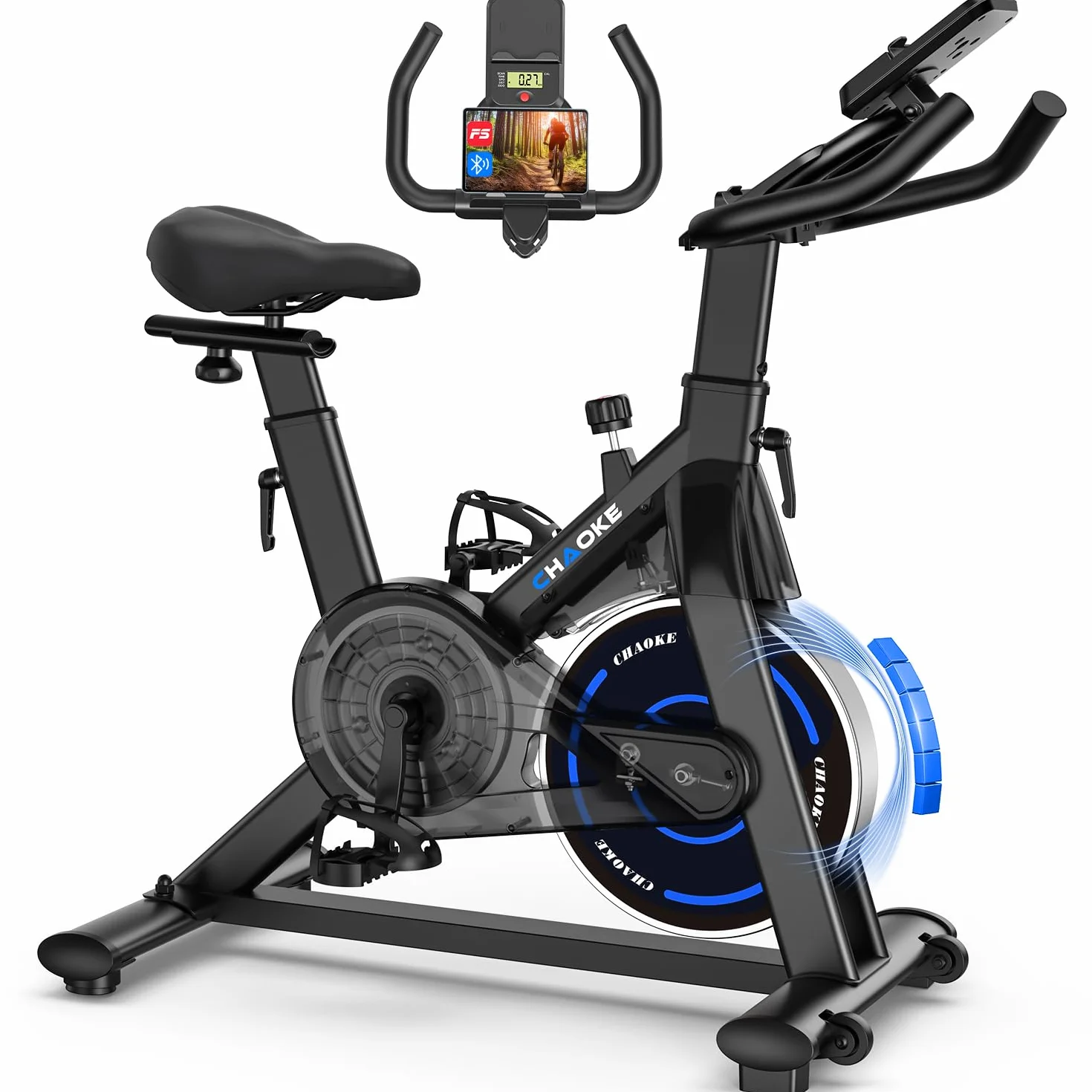 CHAOKE Bicicleta Estatica con APP, Bicicleta Spinning Magnética de Resistencia Súper Silencioso 10DB, Asiento Transpirable Suave y LED Pantallas, Max 150KG