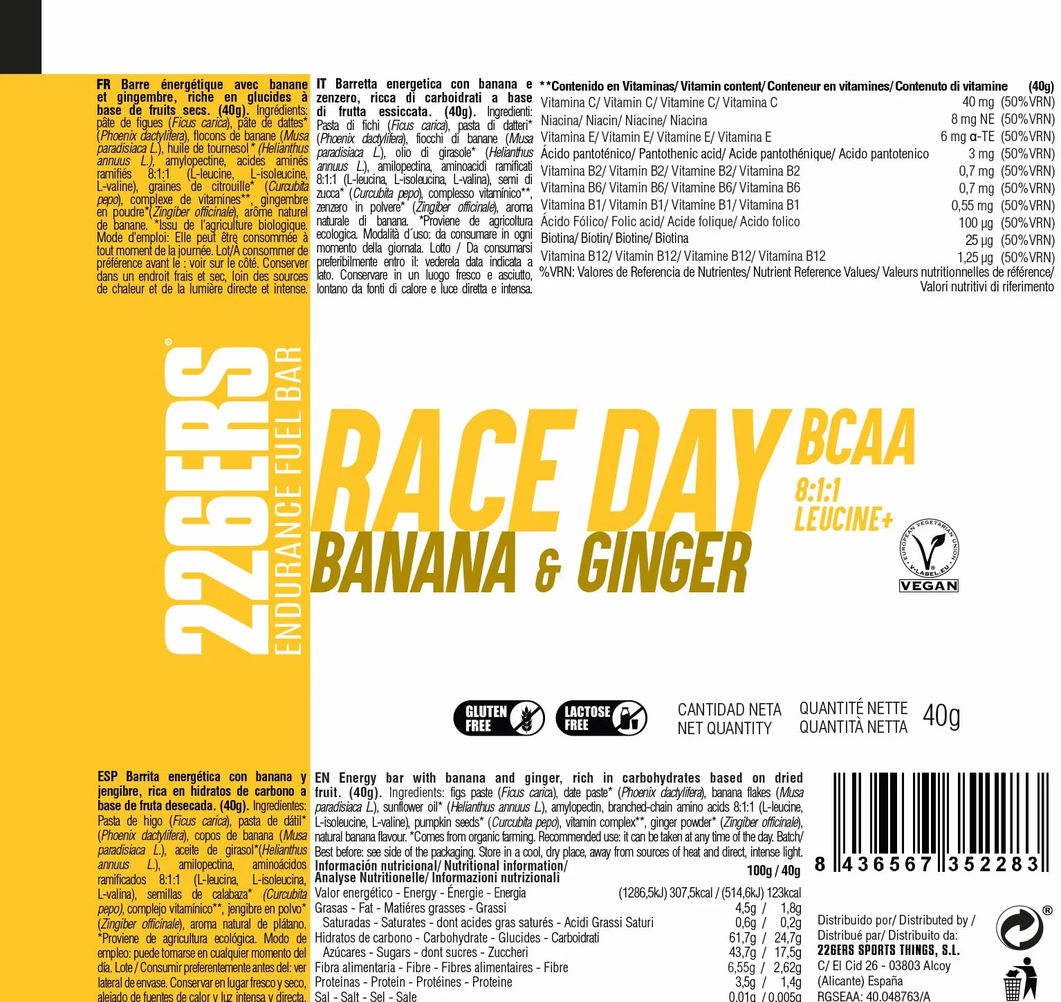 226ERS Race Day Bars Barrita Energética Veganas Sin Gluten Plátano y Jengibre 40g