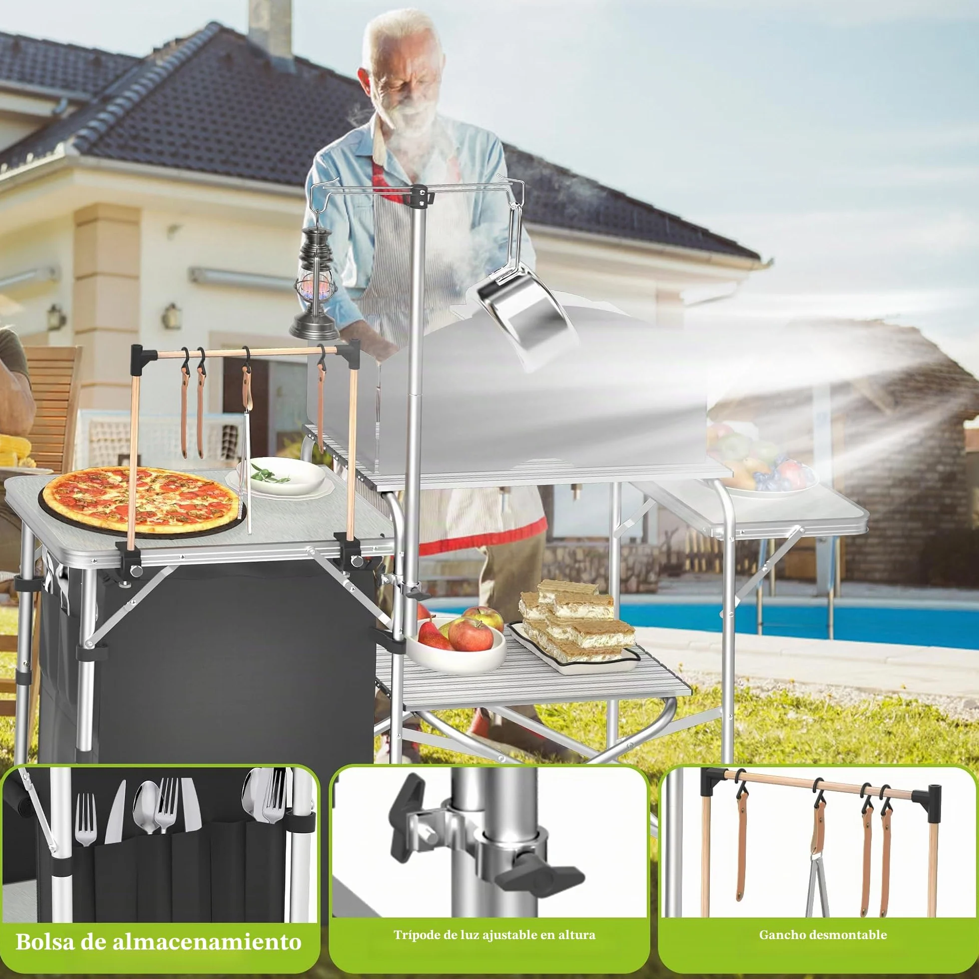 FIVMEN Cocina de camping plegable para camping, armario de aluminio con 3 encimeras, armario, soporte para luz y 4 ganchos, armario de cocina para exteriores