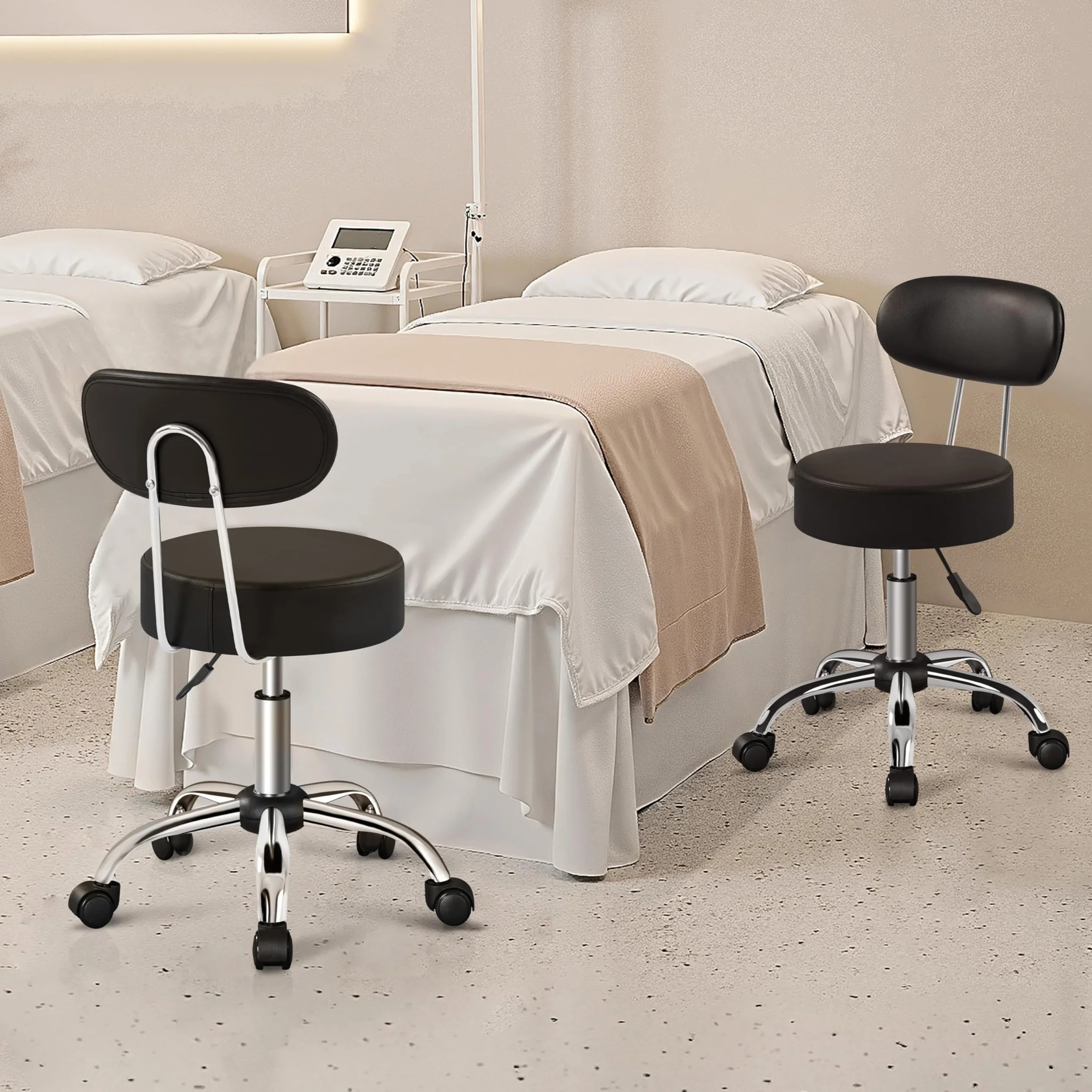 Yaheetech Taburete de Peluquería, Silla Giratorio 360º, Altura Regulable, con Respaldo, Negro