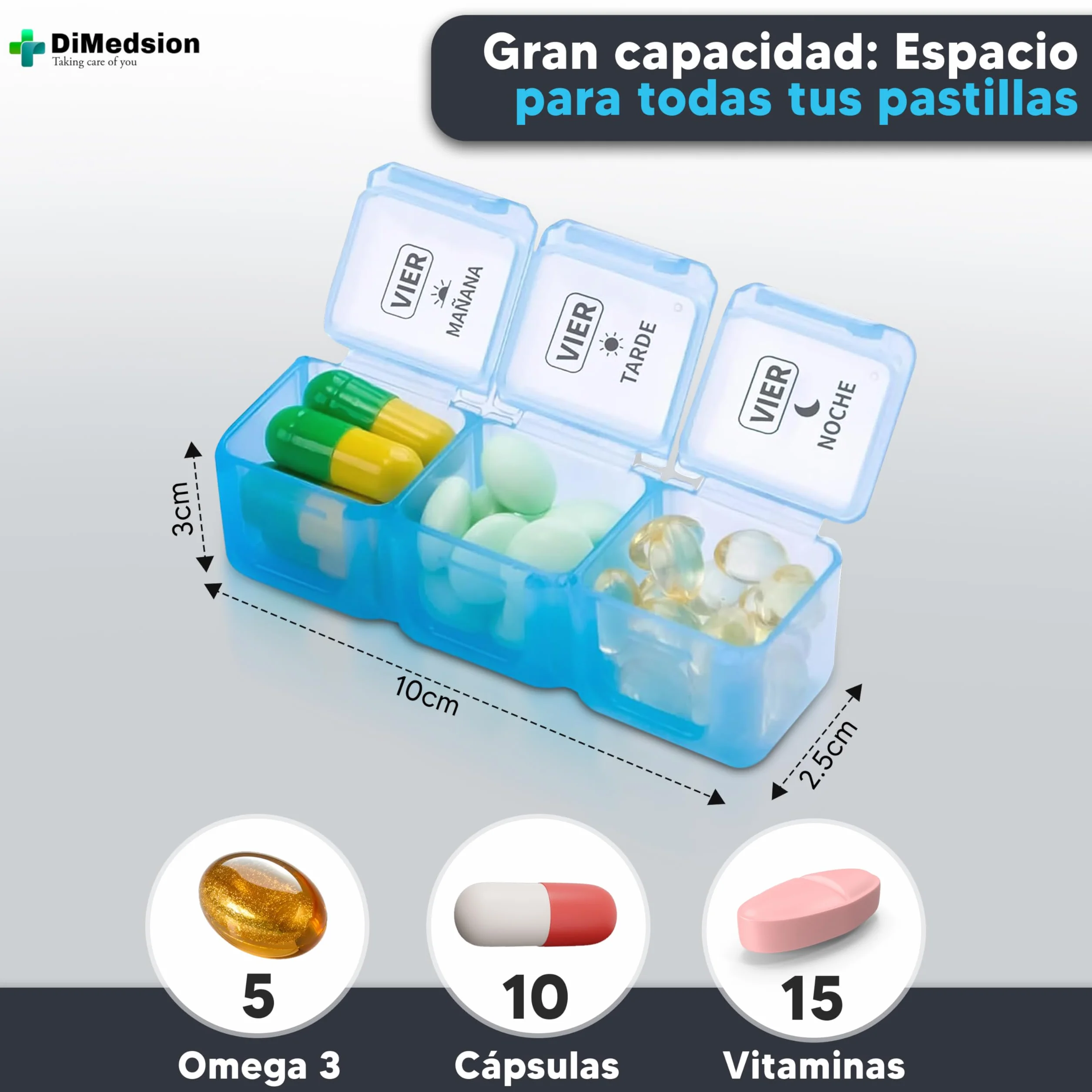 Pastillero Semanal 3 Tomas con Cortador y Organizador Medicamentos Negro
