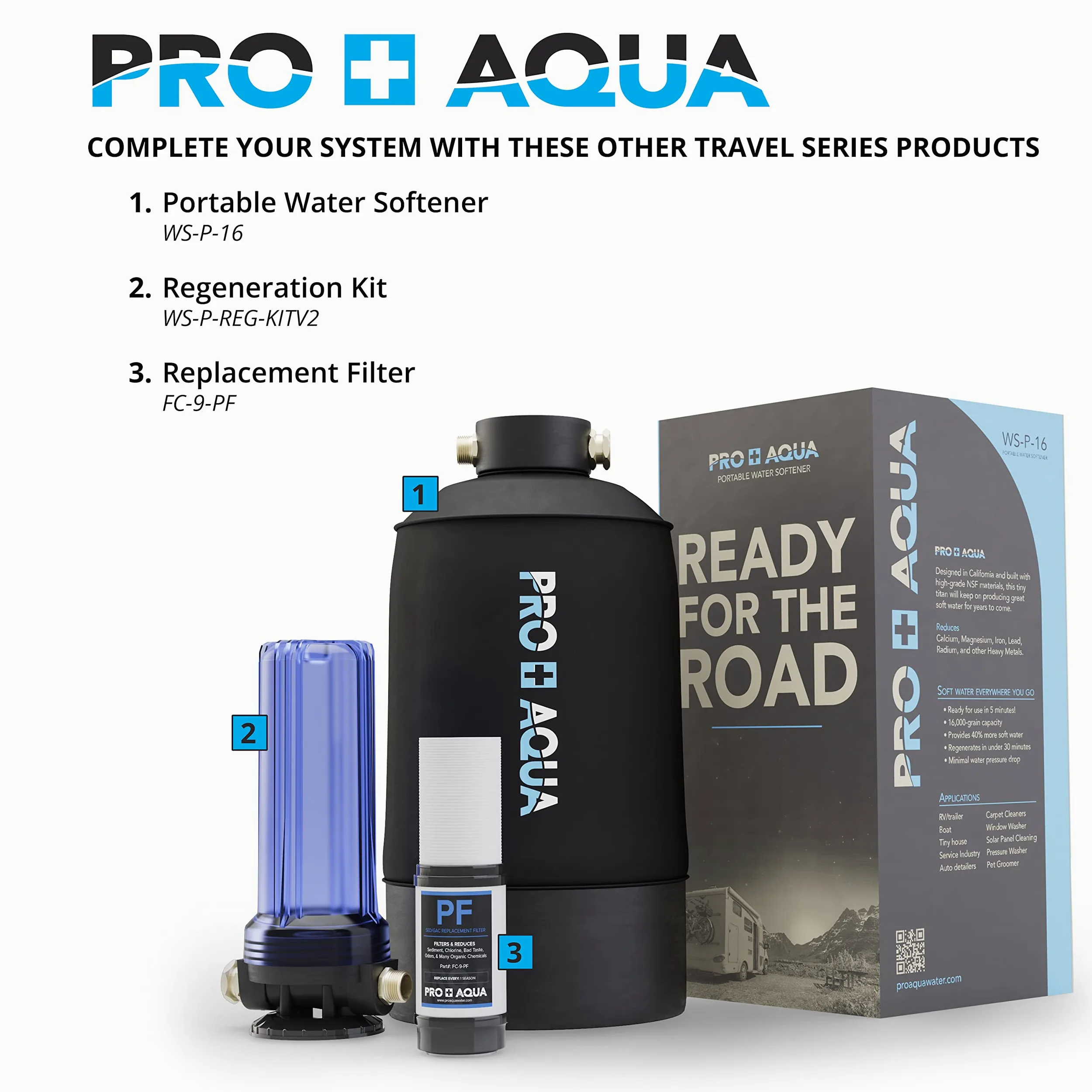 PRO+AQUA Kit de regeneración/filtración de 2 etapas para ablandadores de agua portátiles, elimina cloro, mal sabor, olores, sedimentos, bacterias, ajuste universal, sistema de protección, 5 micras