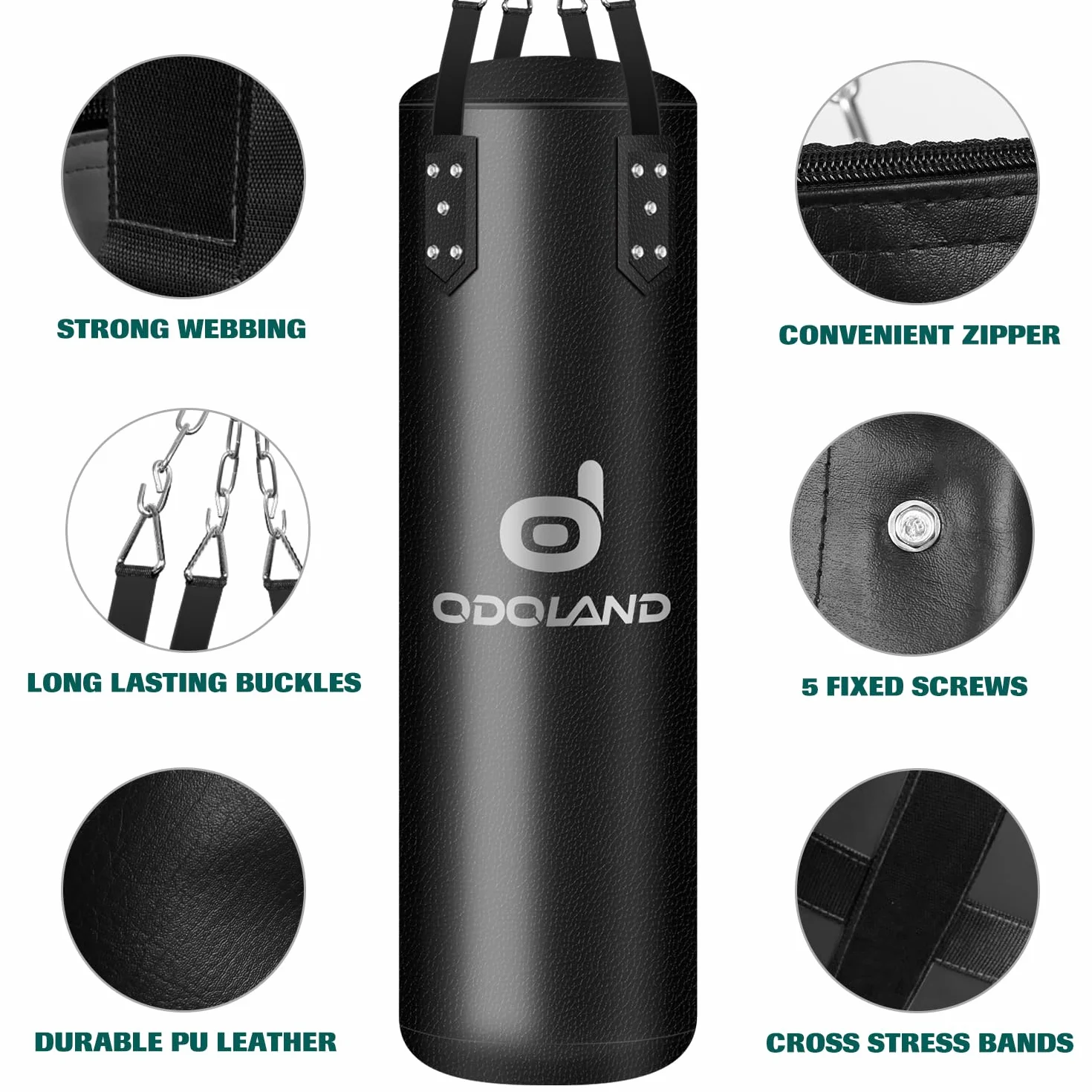 Odoland 6-en-1 Kit de Sacos de Boxeo Sin Relleno 120 cm Bolsa Pesada Kick Boxing 68 kg con Guantes 12 oz Vendajes Cadenas Negro