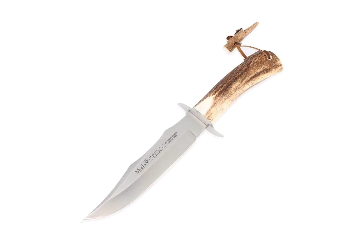 Muela Cuchillo de caza GRED-17 con hoja de acero inoxidable ACX-380 de 17 cm y empuñadura de asta de ciervo para Caza, Pesca, Supervivencia y Bushcraft + Portabotellas de regalo