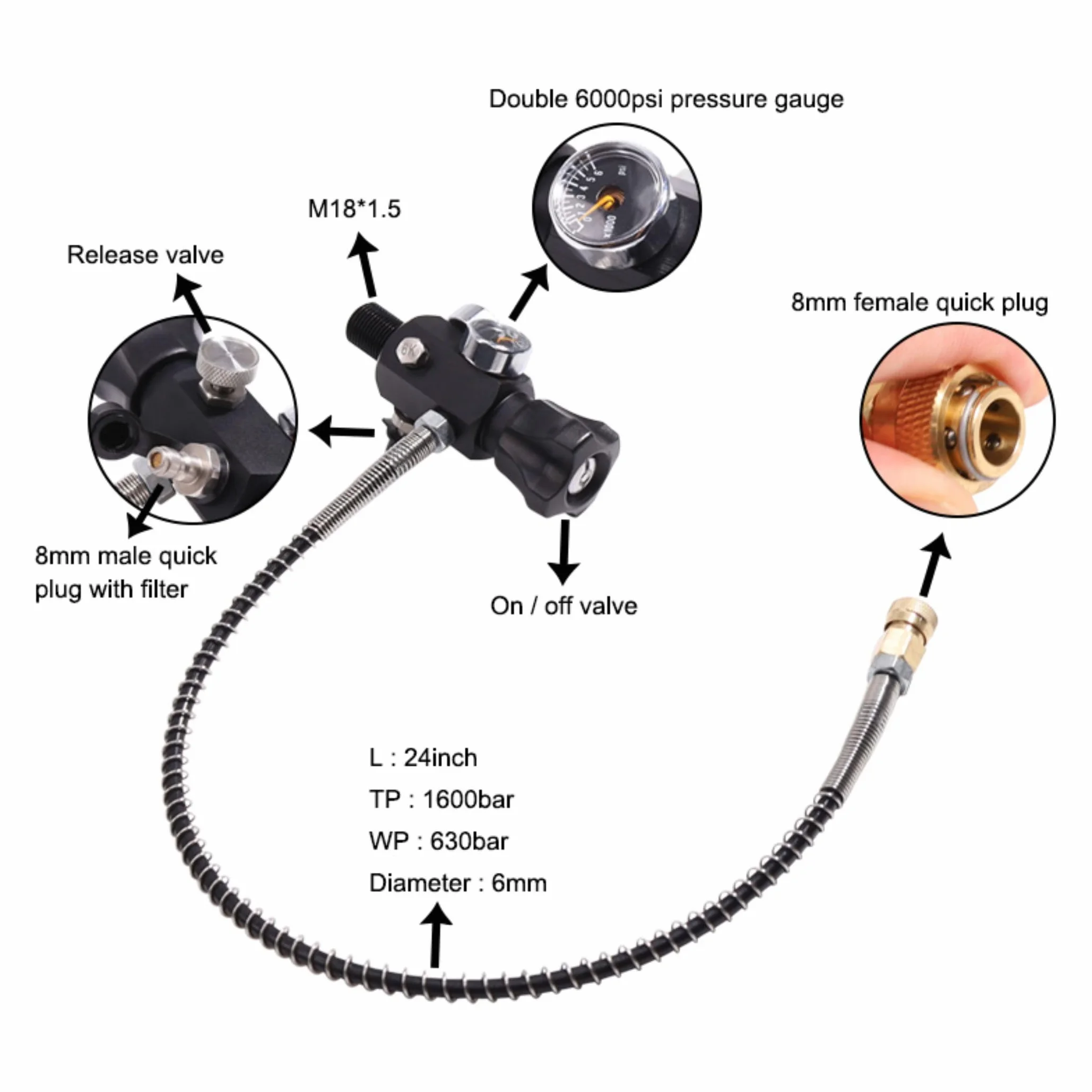 TUXING Depósito de Aire de Fibra de Carbono 3L 4500psi (Botella vacía) con Dos manómetros y Manguera de Alta presión de 24 Pulgadas, Bolsa