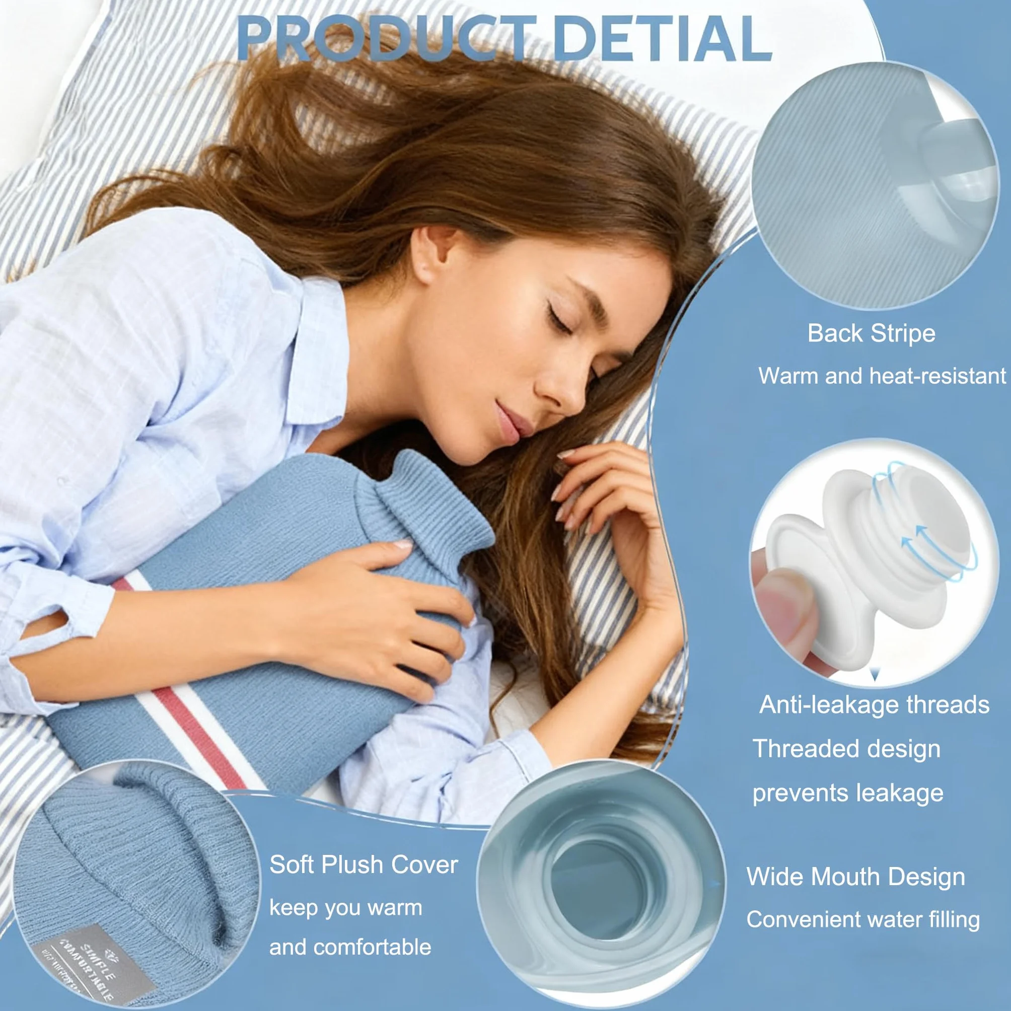 Bolsa de Agua Caliente 2L con Funda de Peluche Antifugas para Dolor Muscular y Menstrual (Azul)