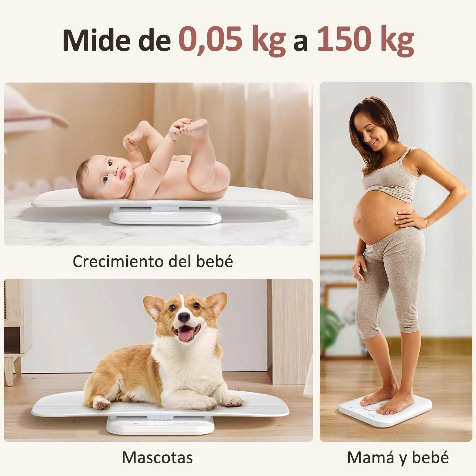 Grownsy Báscula Bebé Digital 150 kg 5 Modos de Pesaje LED Función de Retención Medición de Altura 70 cm