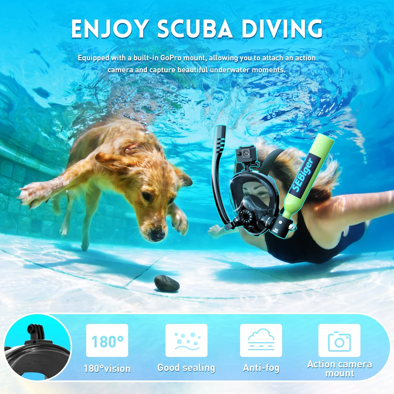 A-GN Mini tanque de buceo con submáscara de 0,5 l que ofrece aproximadamente 6 minutos de respiración bajo el agua en profundidad de buceo de 9 m, pequeño tanque de buceo para buceo
