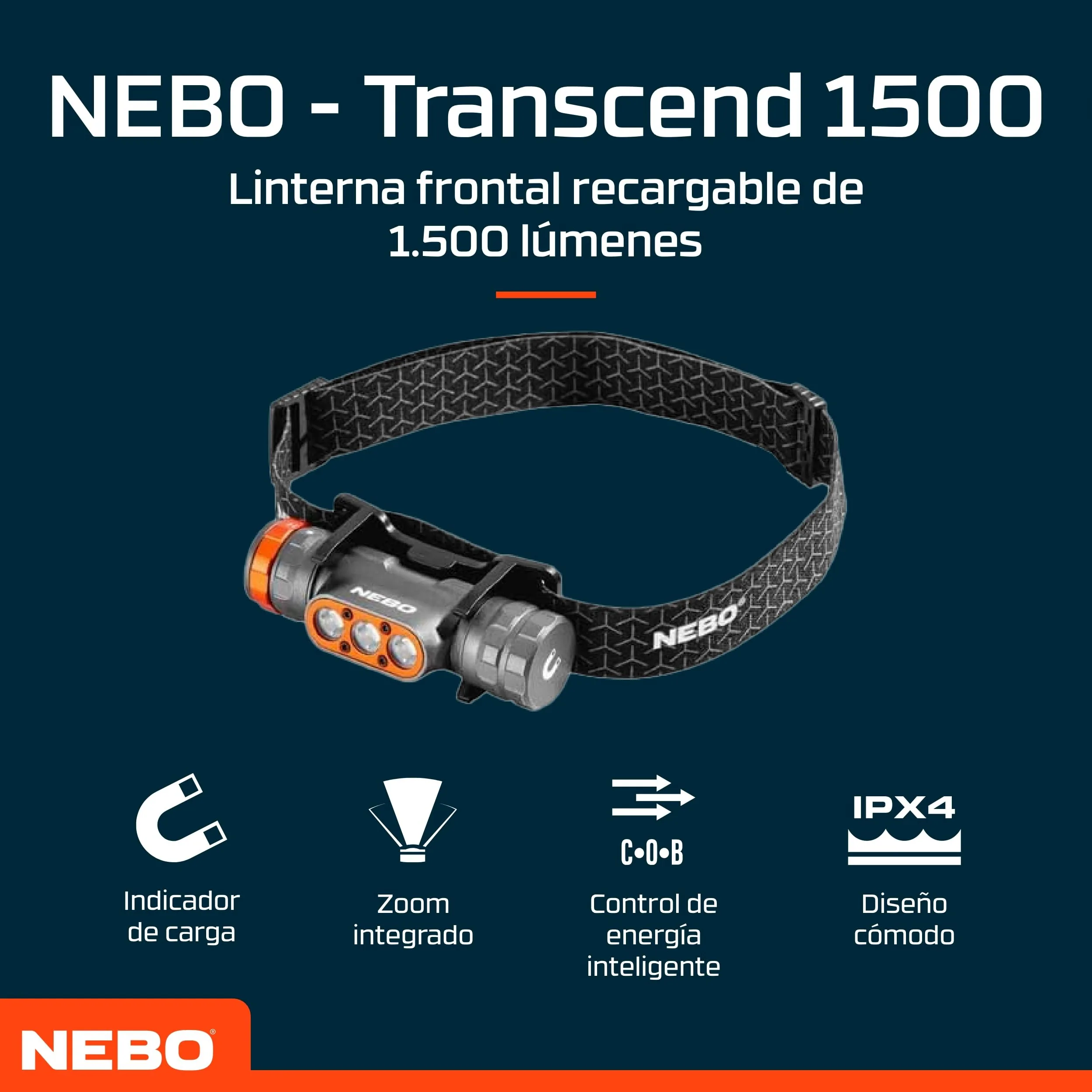 NEBO Transcend 1500 Frontal Recargable – 1.500 Lm Turbo | Dial Selector | 5 Modos | 28h | Base Magnética | IPX7 | Aluminio | Se Convierte en Luz de Trabajo | USB-C | 150g