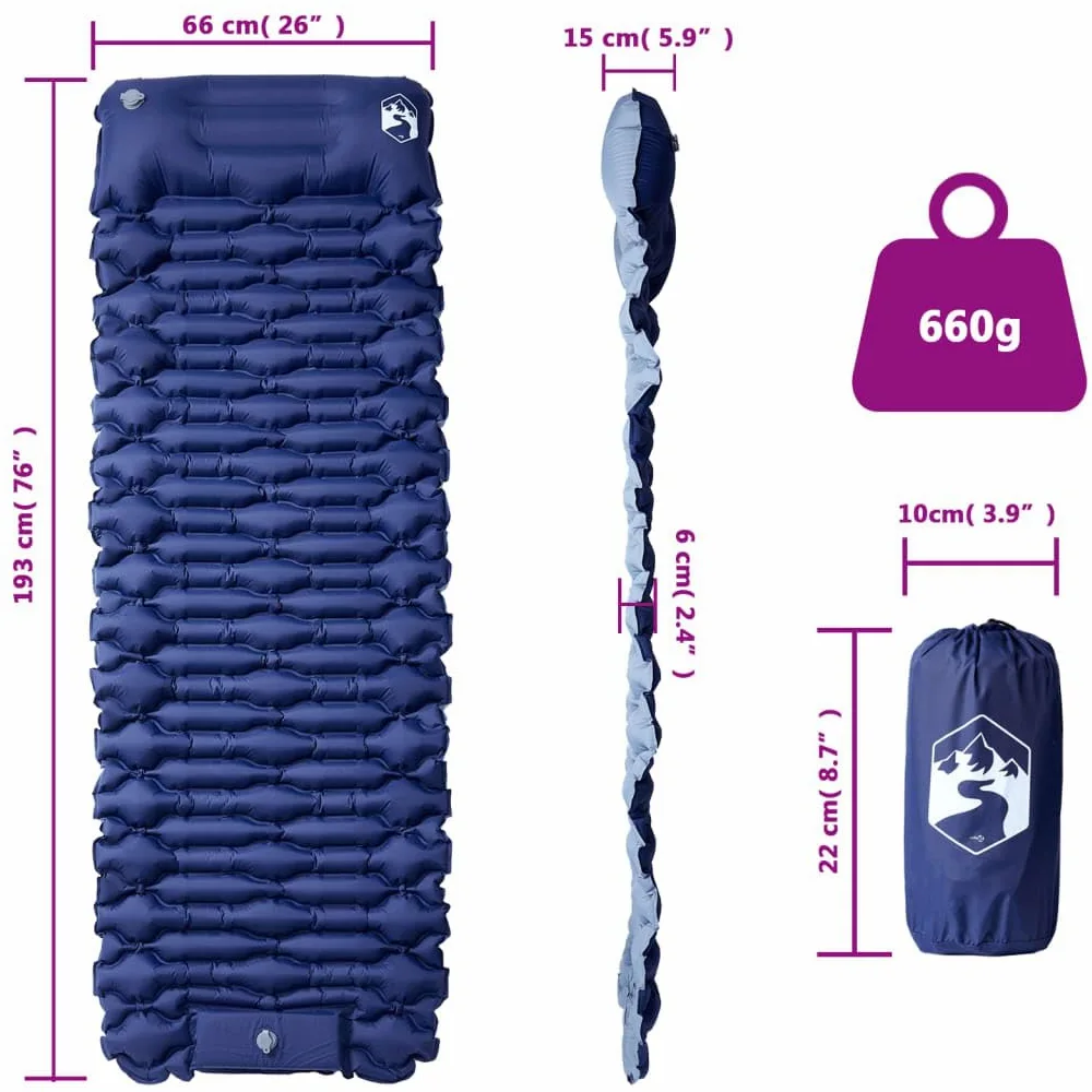 Colchoneta autoinflable con cojín azul marino 40D nailon TPU revestimiento x x, bomba de pie, ultraligera, plegable, aislante, para camping, senderismo, trekking, tienda de campaña y vivac