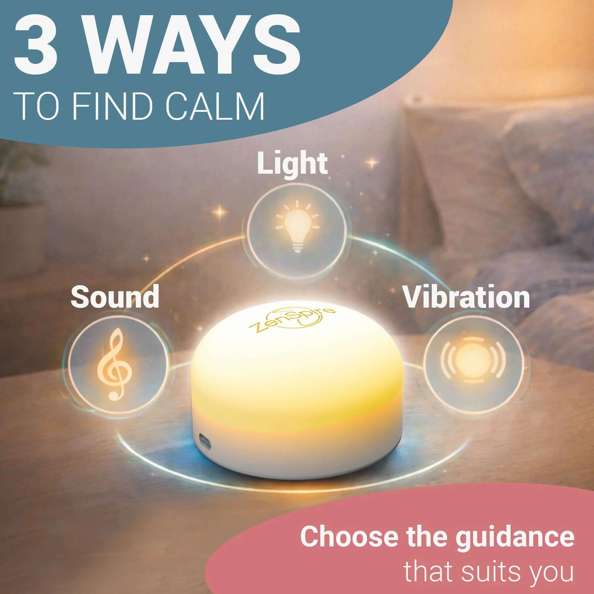 ZENSPIRE+ Dispositivo antiestrés para relajación y meditación con luz zen, sonido y vibración