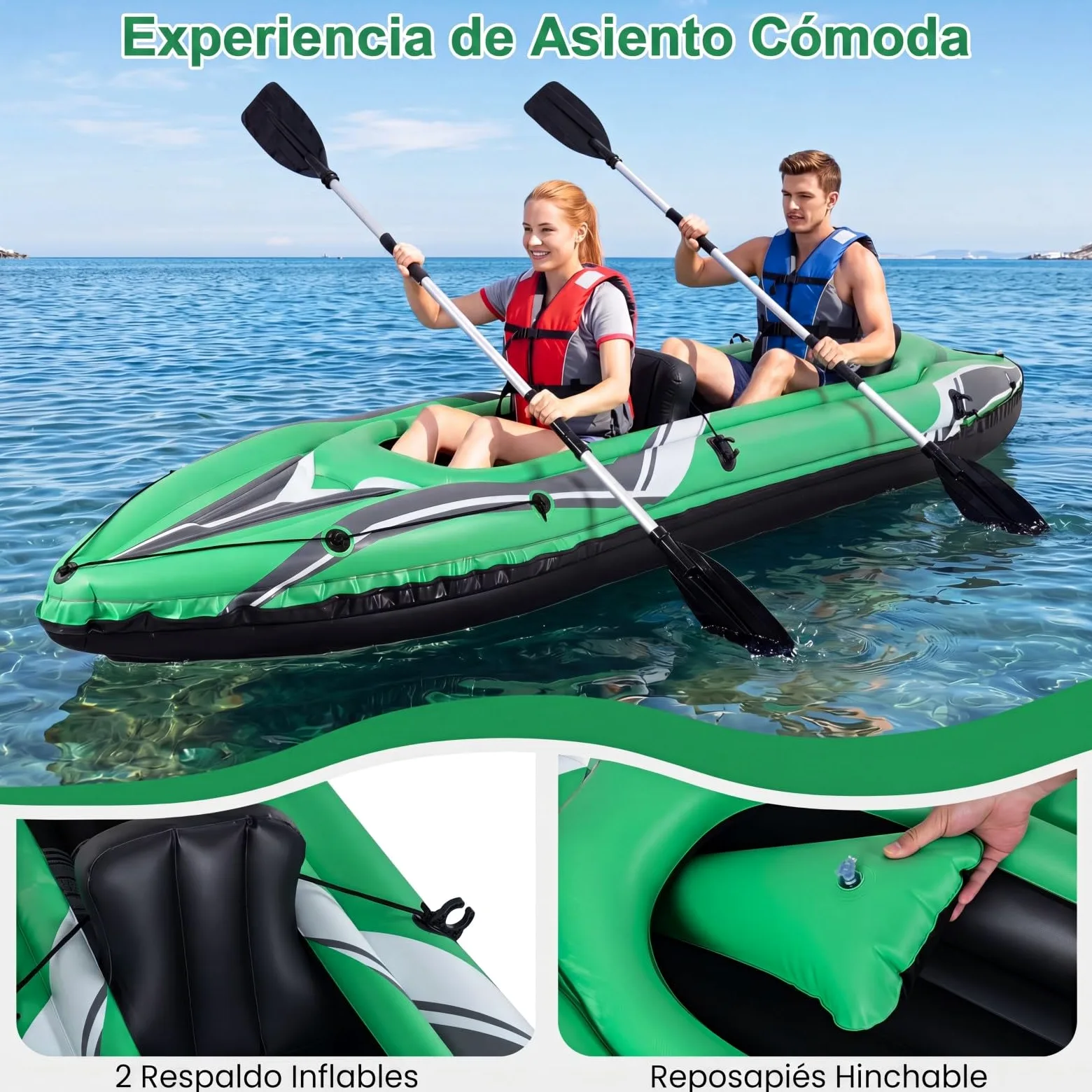 COSTWAY Kayak Hinchable 2 Plazas, Barca Hinchable con Remos de Aluminio, Asientos y Reposapiés Hinchables, Kayak Inflable para 2 Personas con Bomba Manual para Adultos, Carga 160 kg, 350 x 78 x 47 cm