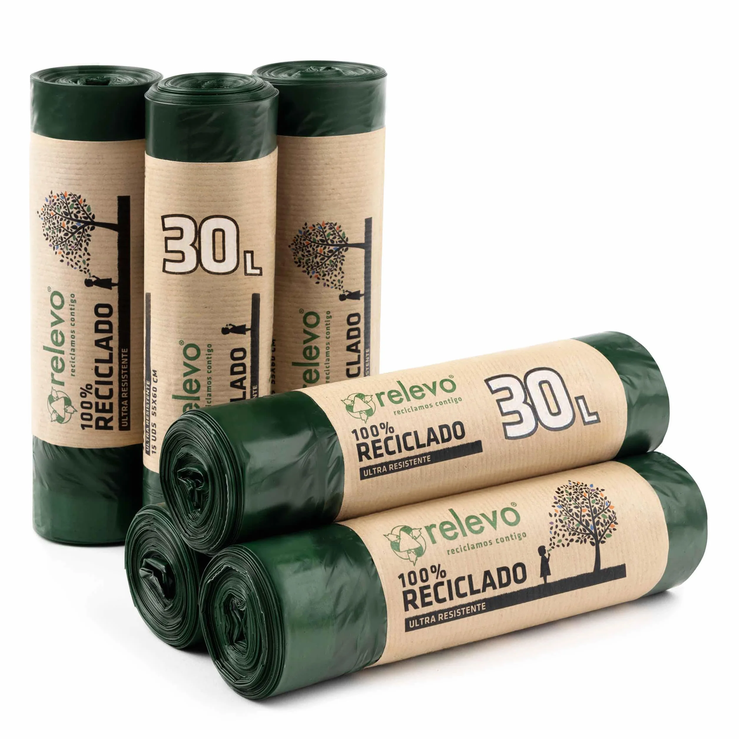 Relevo Bolsas de Basura Verdes con Autocierre 30L 90 Bolsas LDPE Reciclado Blue Angel