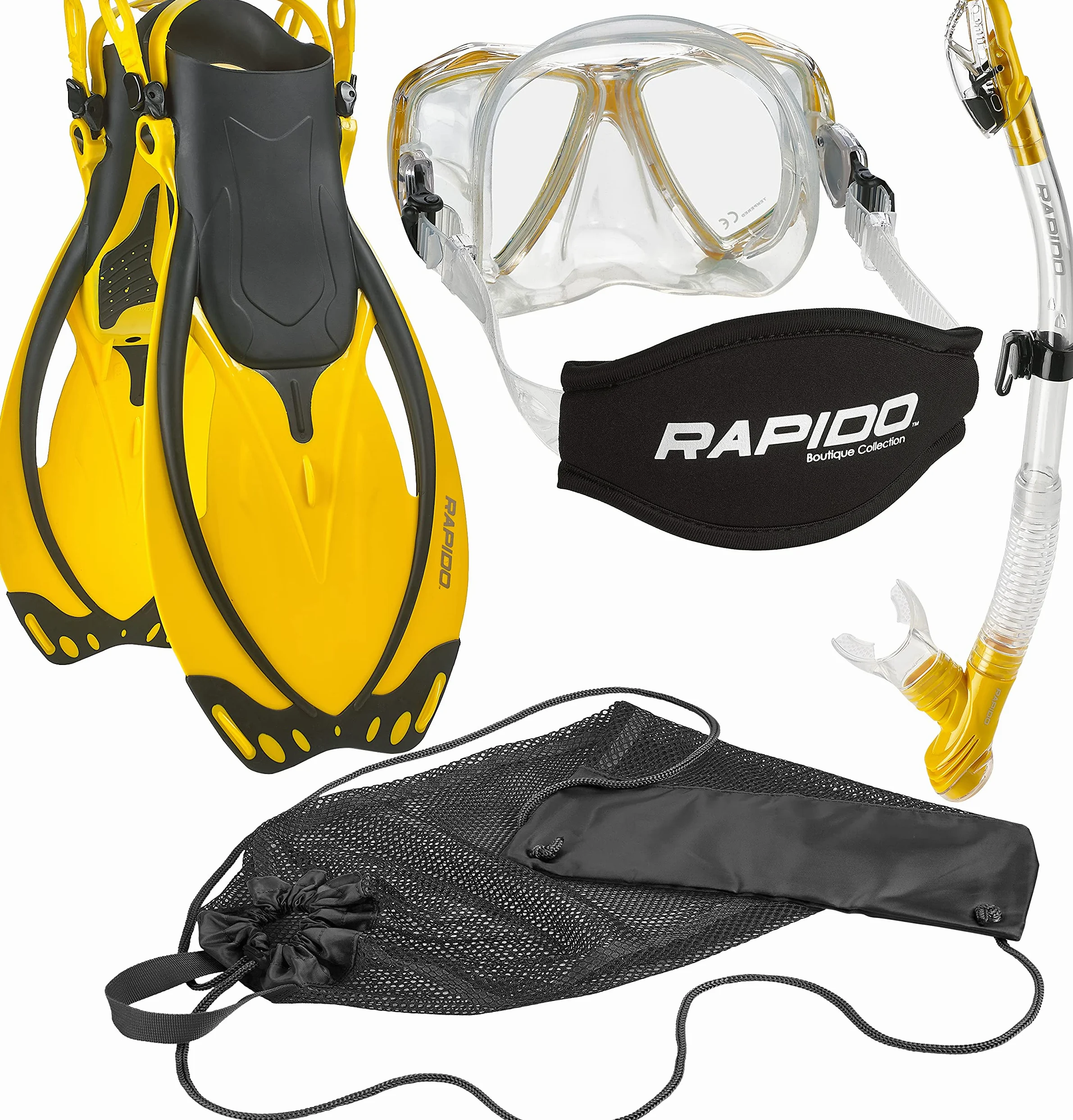 Phantom Aquatics Rapido Boutique Collection Marine - Máscara de Buceo Ajustable de Cristal Templado con Bolsa de Transporte (Amarillo, S/M, EE. UU.: 6-9/EU: 38-42)