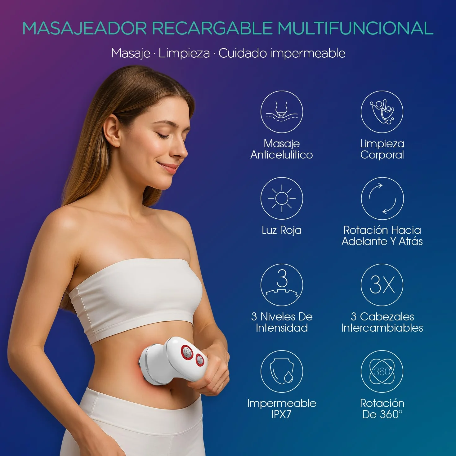 VOYOR Masajeador Anticelulítico Eléctrico IPX7 Impermeable Recargable 3 Cabezas