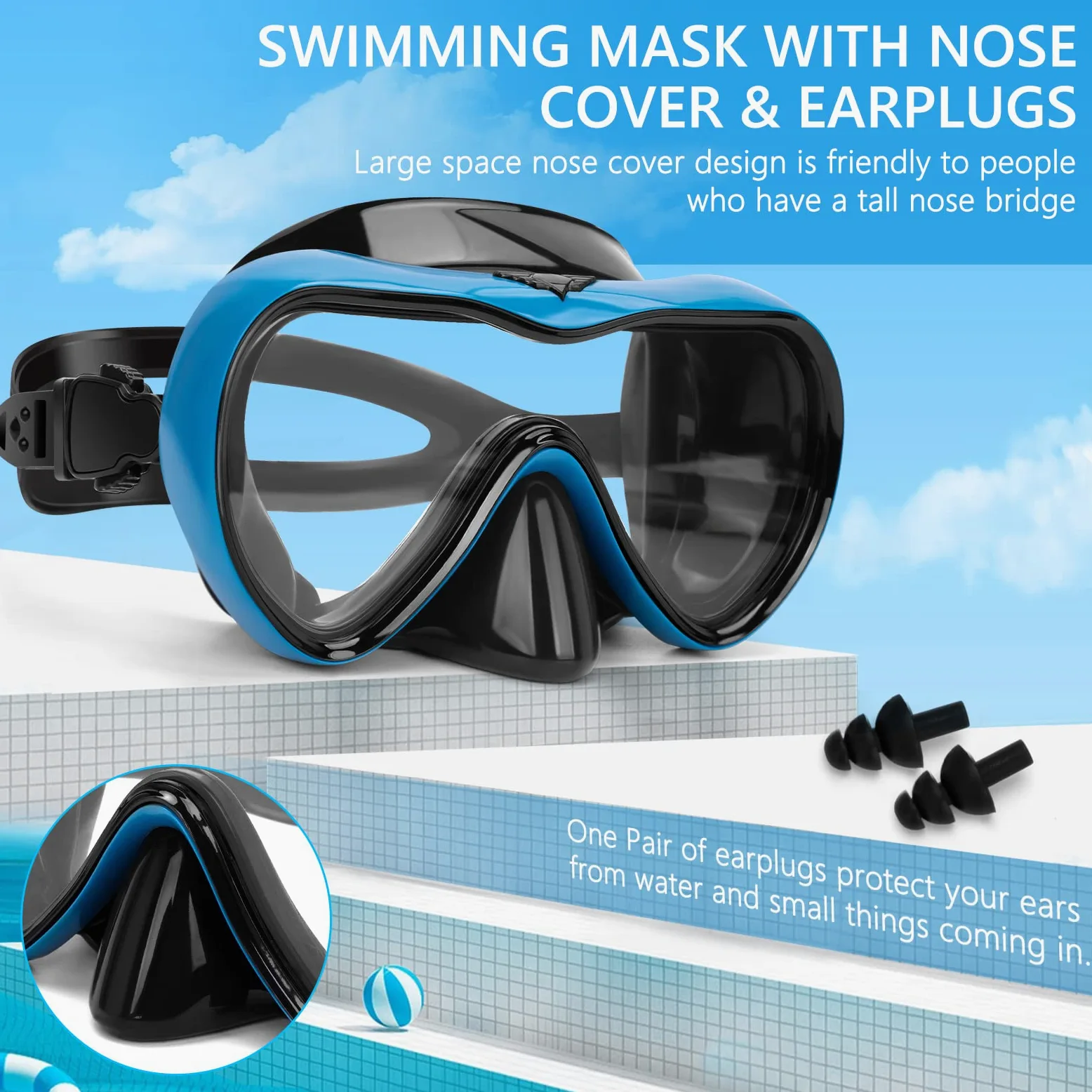 Gafas de natación, gafas de buceo antivaho con cubierta para la nariz, máscara de buceo de silicona antifugas para adultos, máscara de natación de vidrio templado HD de 180 grados para esnórquel con