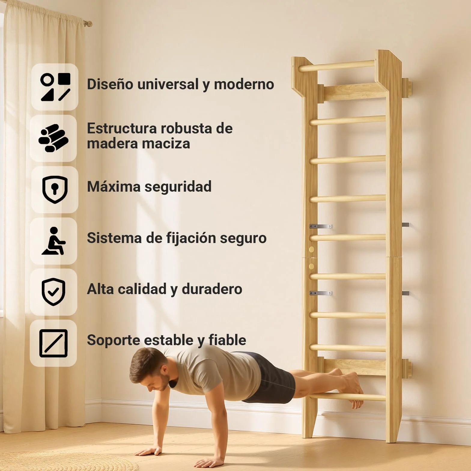 COSYLAND Espaldera de Madera para Gimnasio en Casa, Escalera Sueca con Barra de Dominadas, Carga 100 kg, Adultos y Niños