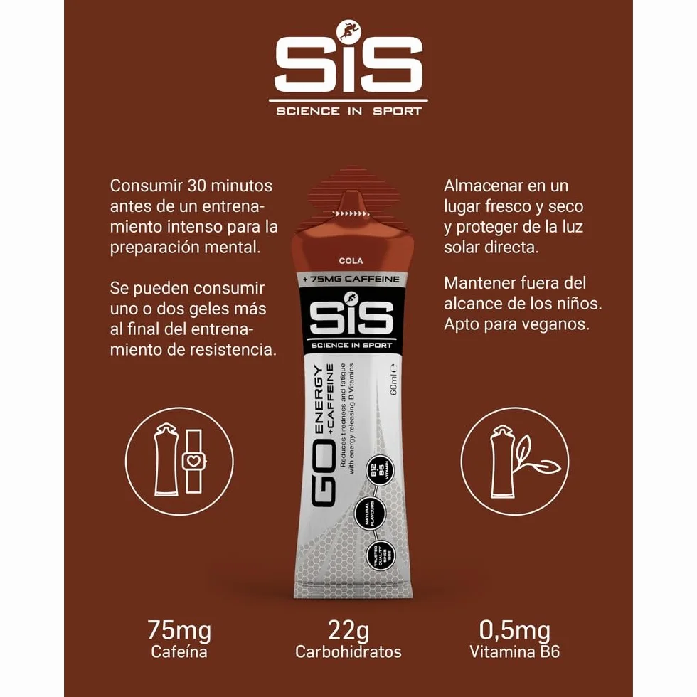 Science in Sport GO Energy + Caffeine 30x60ml Cola Gel 150mg cafeína 22g carbohidratos Energía deportes resistencia